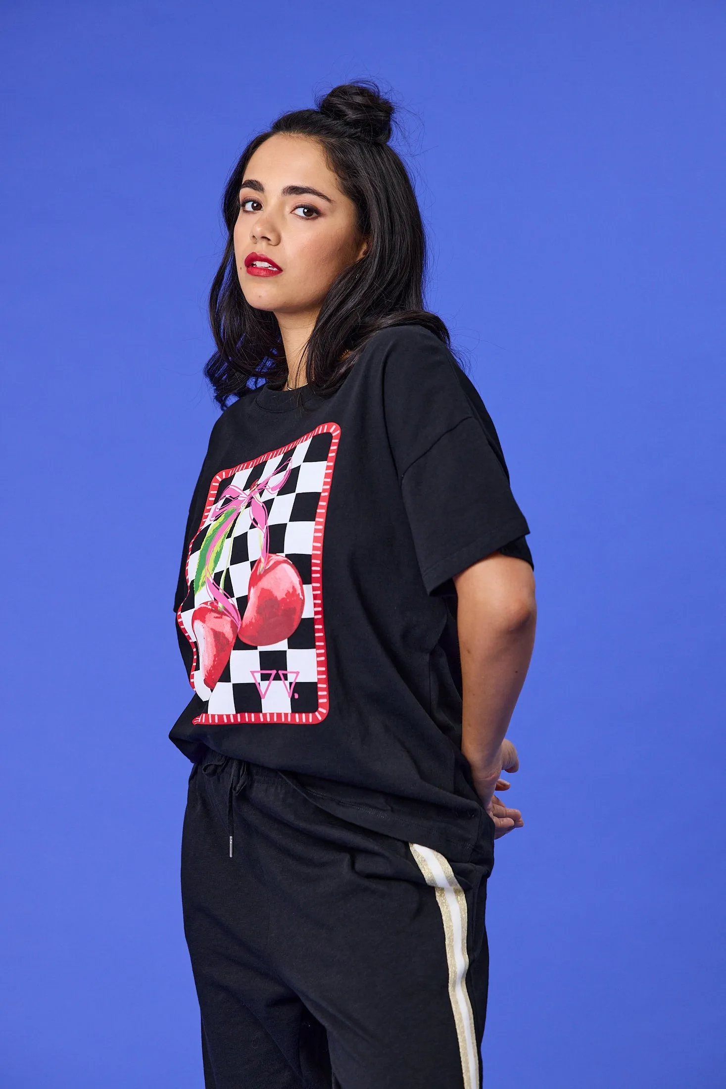 Comfort Waist Rebel Club Cherry Checker Boyfriend Tee Black