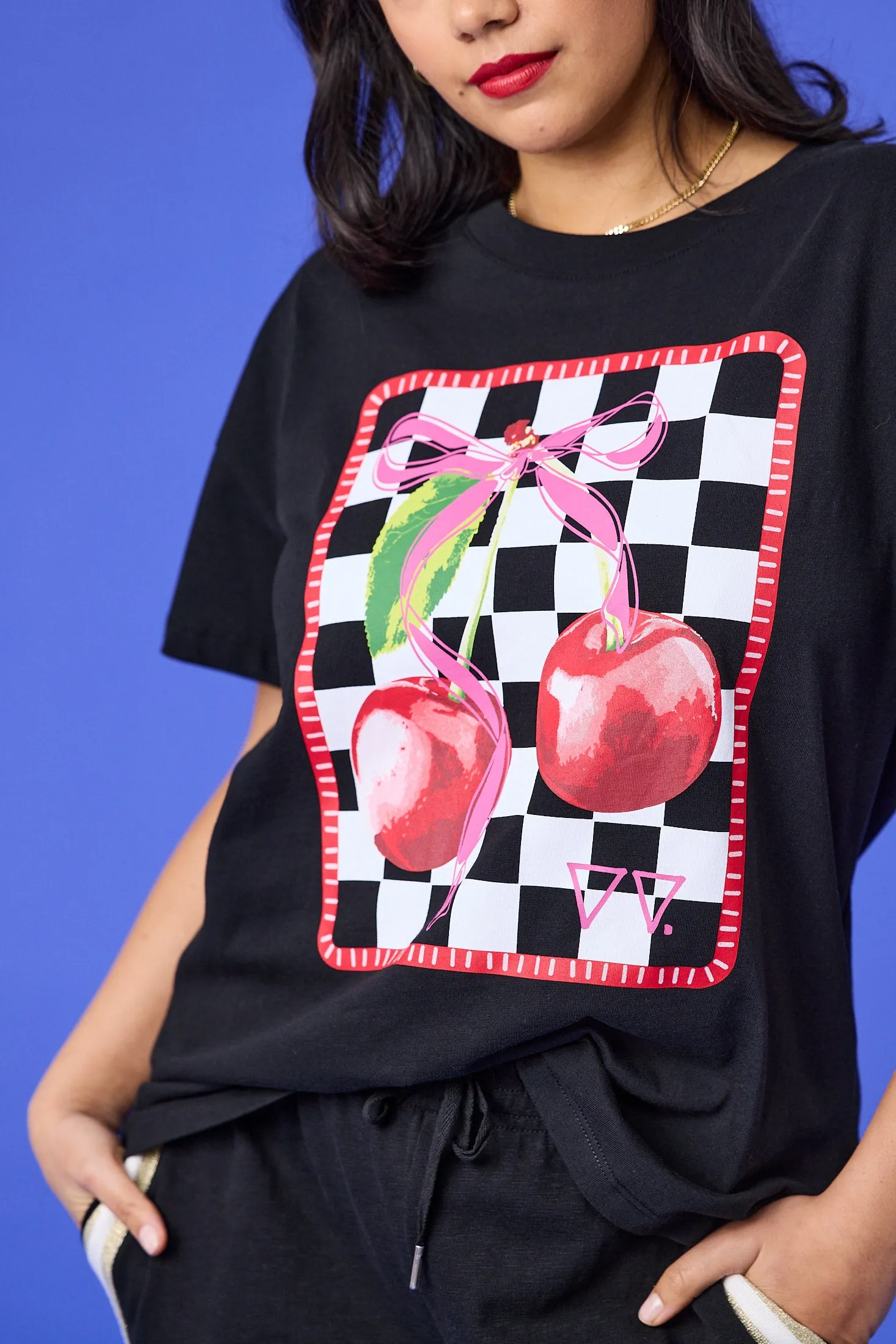 OekoTexCertified Stretch Fit Design Rebel Club Cherry Checker Boyfriend Tee Black