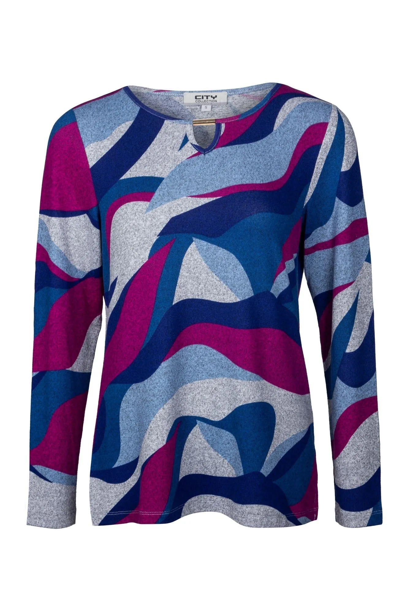 Comfortable Tunic Transitional Fashion Printed Warm Touch Top | Cerise Blue Swirl | 7905B1
