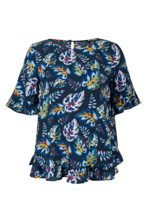 Viscose Top with ruffles | Blues Pink Leaf | 7331A1 LowMaintenanceFabric HypoallergenicFabric