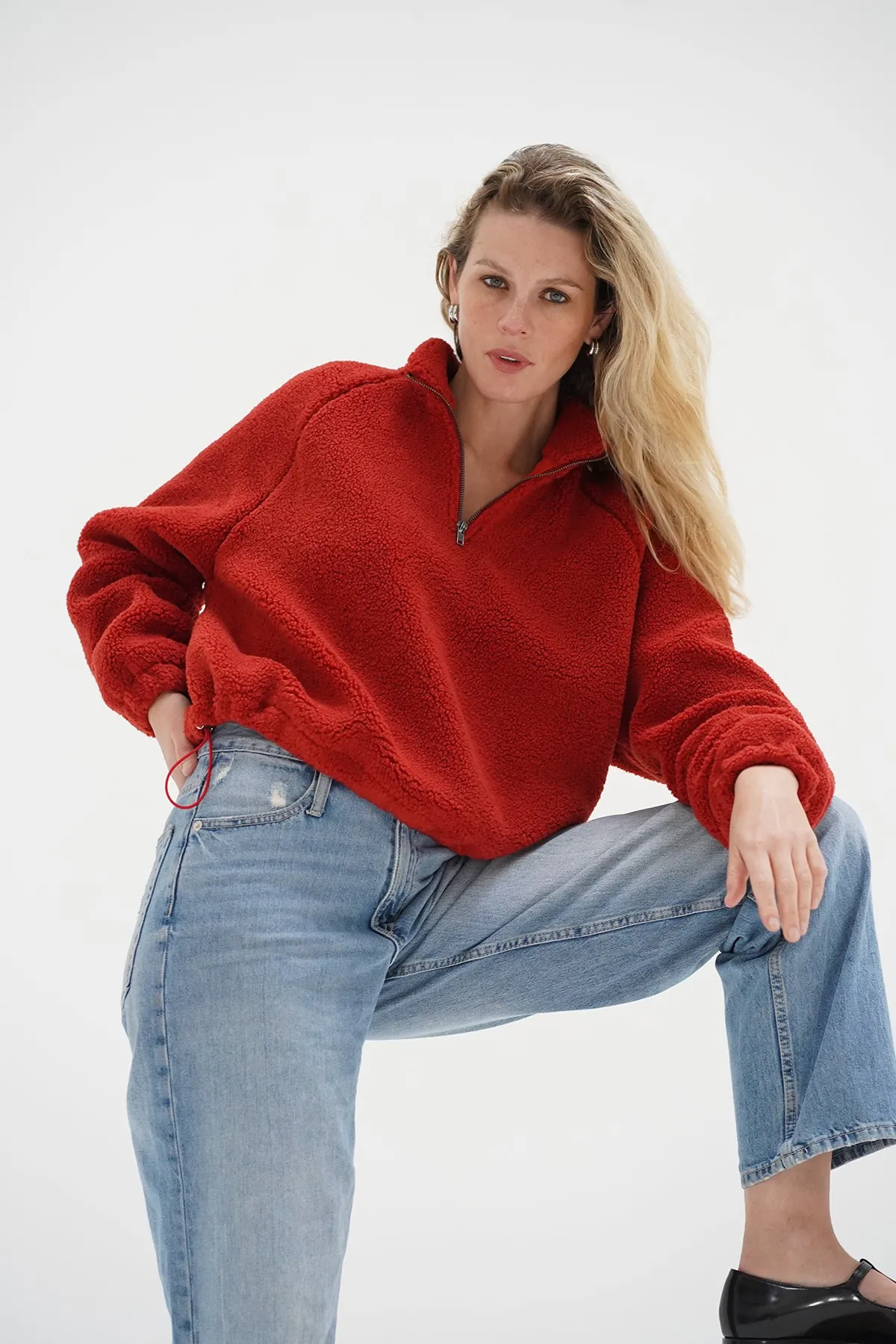 Ribbed Detailing Bristol Sherpa Half Zip - Cayenne