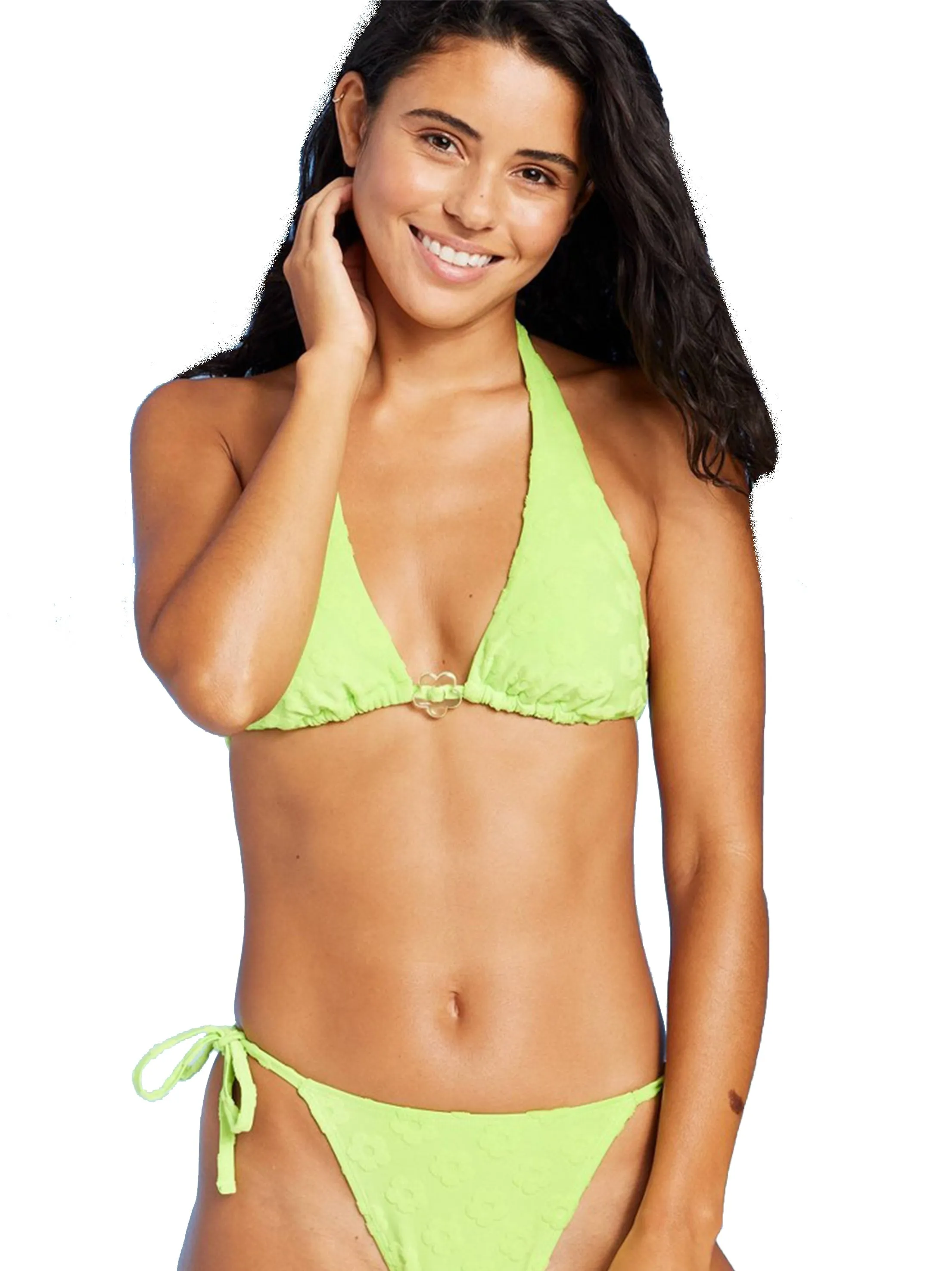 Classic Suit Women's Floral Textured Ring Front Bikini Top,Lime Green