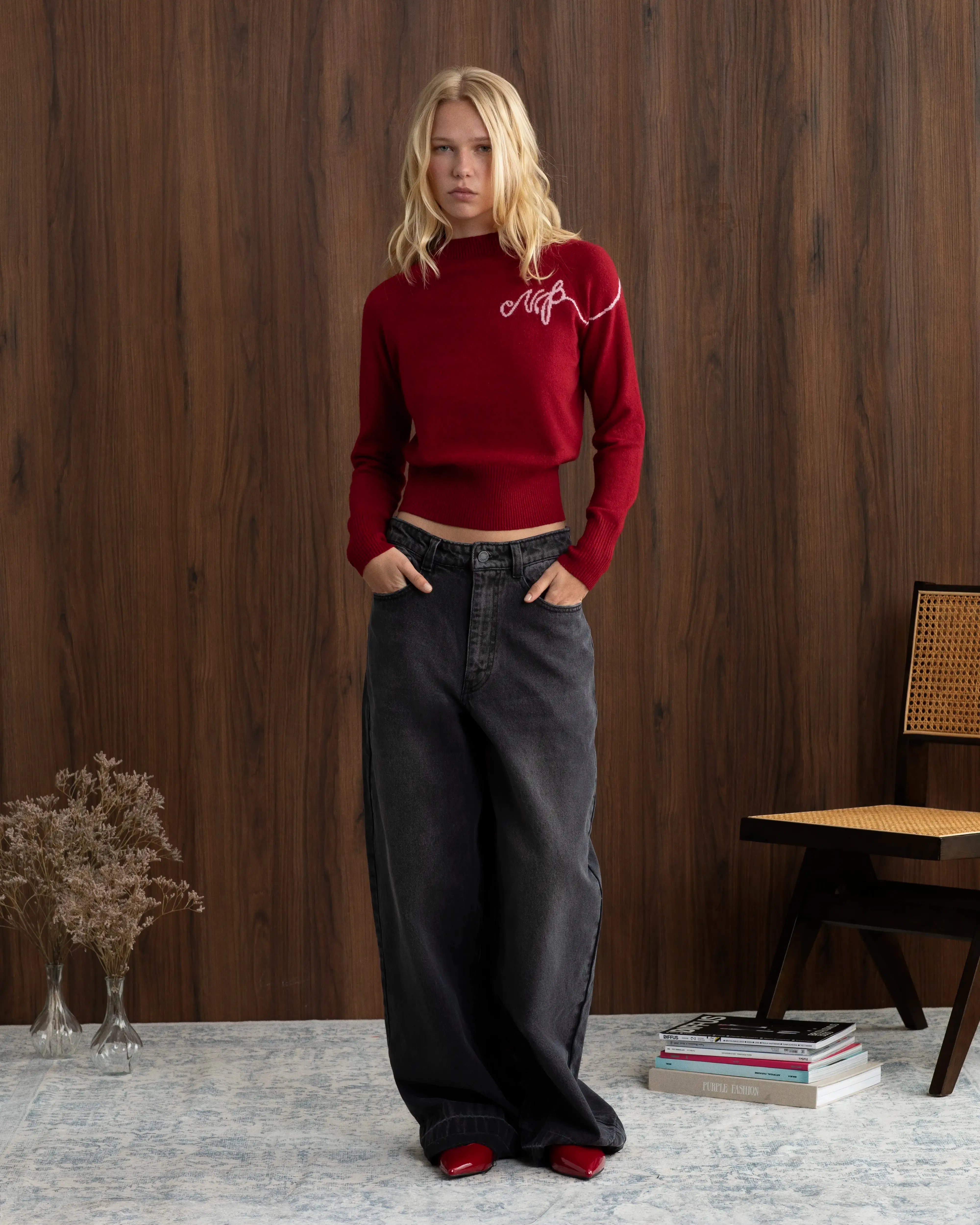 Lightweight Form Sustainable Material Busy Knit Sweater Red