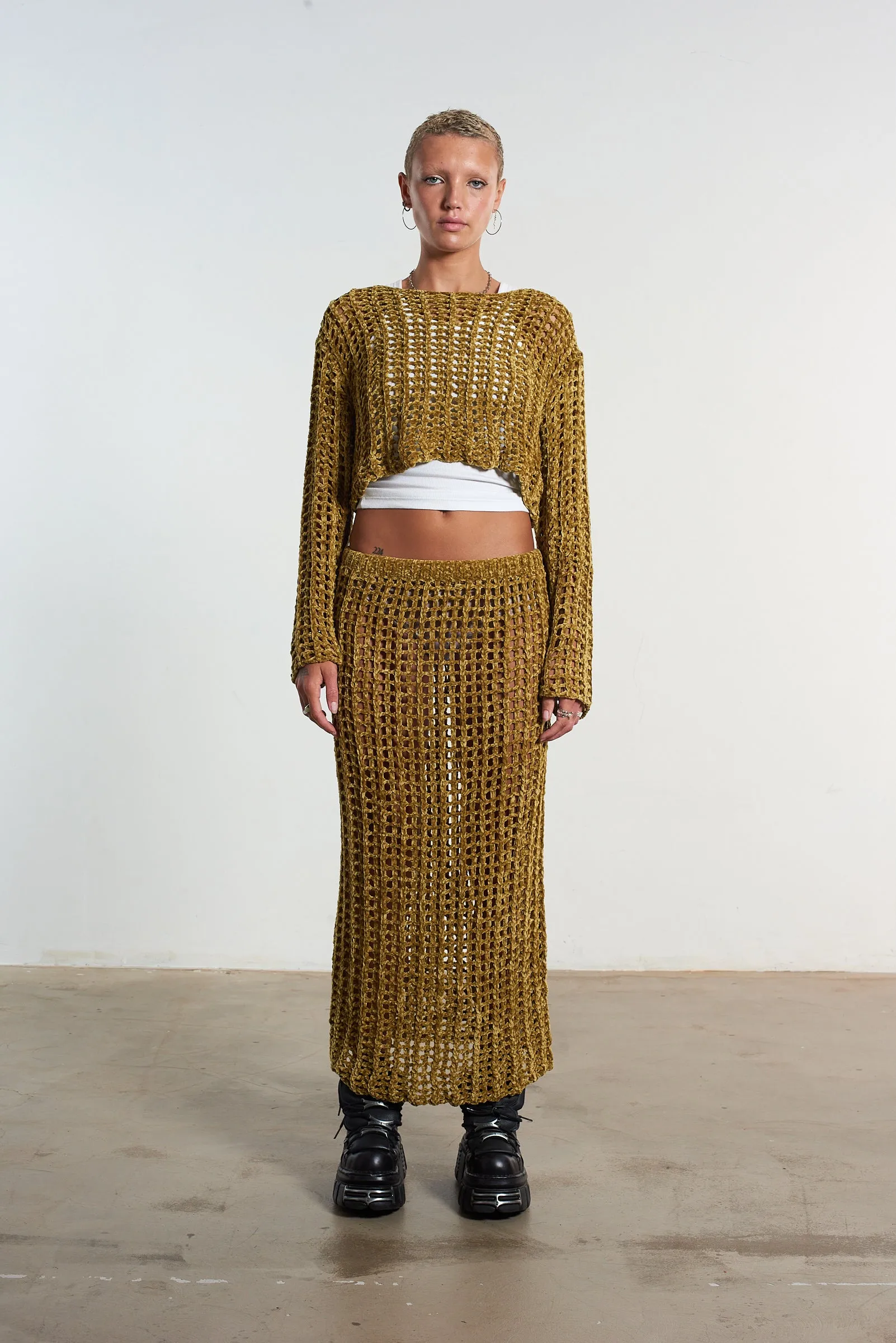 Personality Style Graceful Look Cage Open Knit Maxi Skirt