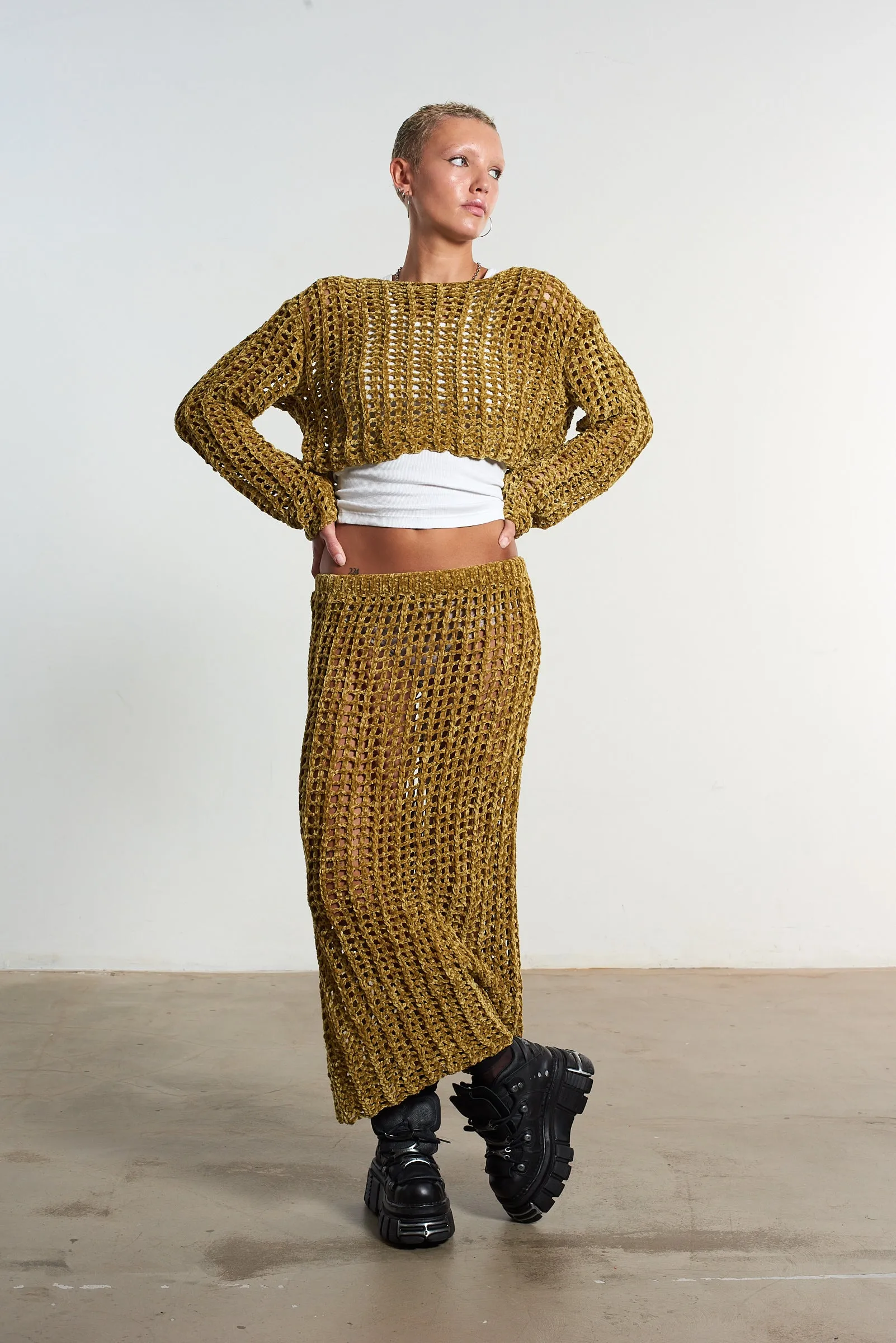 Heat Dissipating Fabric All Season Cage Open Knit Maxi Skirt