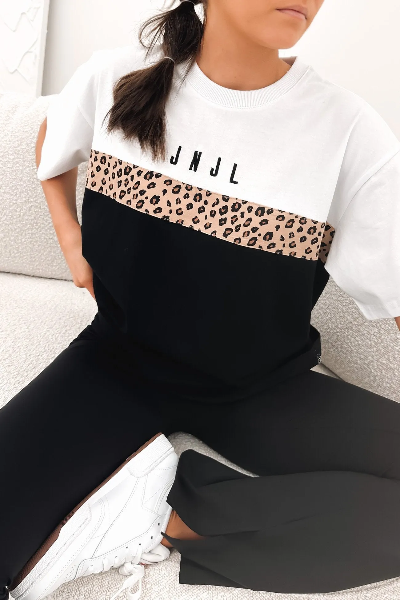 Sporty Vibe Trendy Casual Wear Leopard Panel Up Tee Black