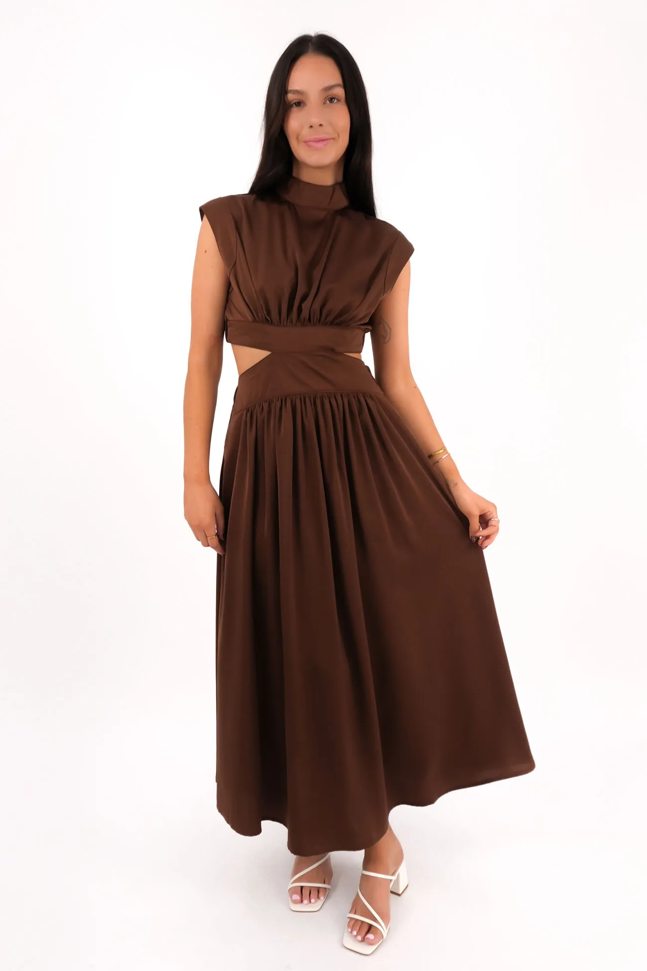 Jewel-Tone Flexible Waist Carmen Maxi Dress Chocolate