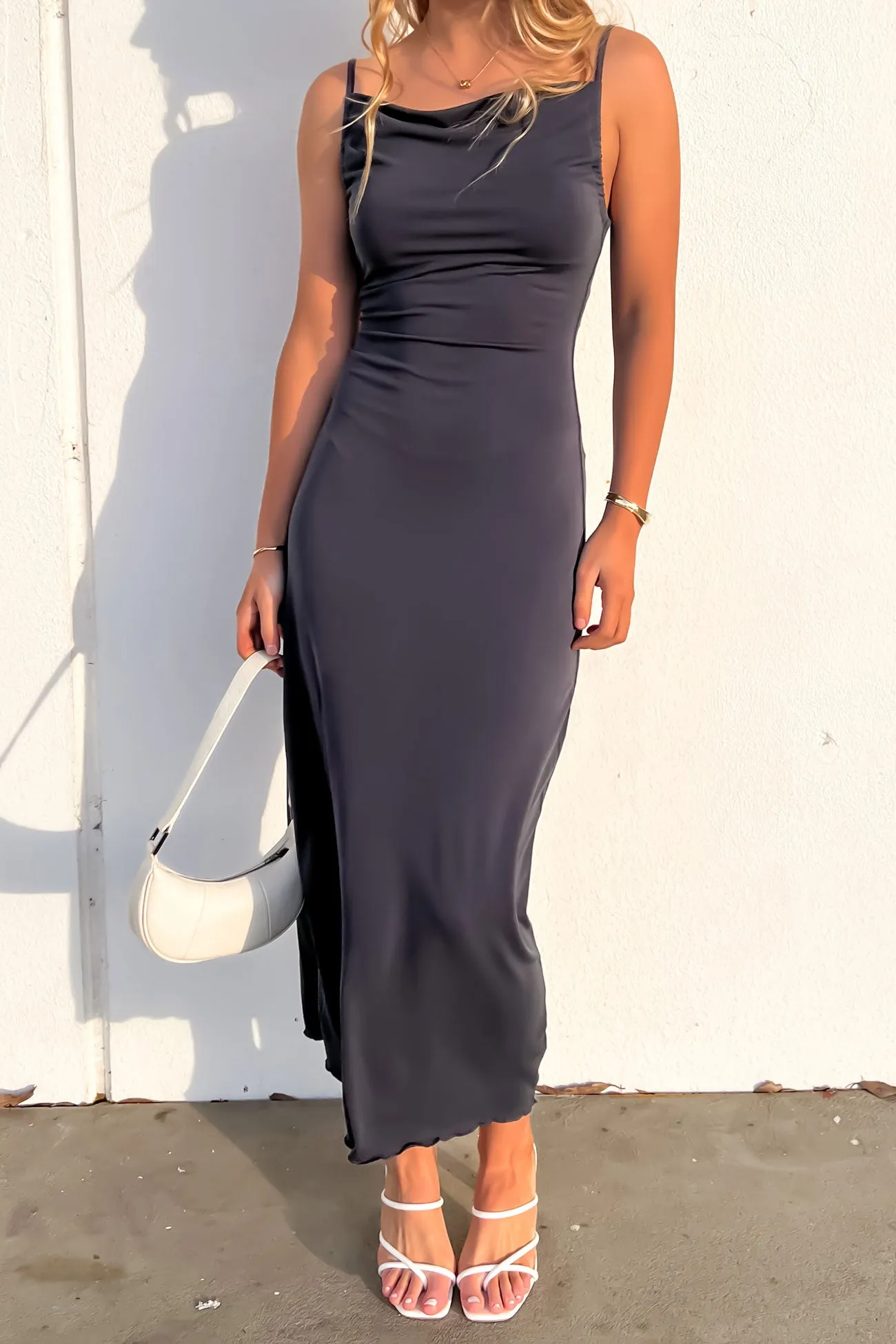 Hidden-Pocket Sharp Mood Luxe Cowl Neck Maxi Dress Steel