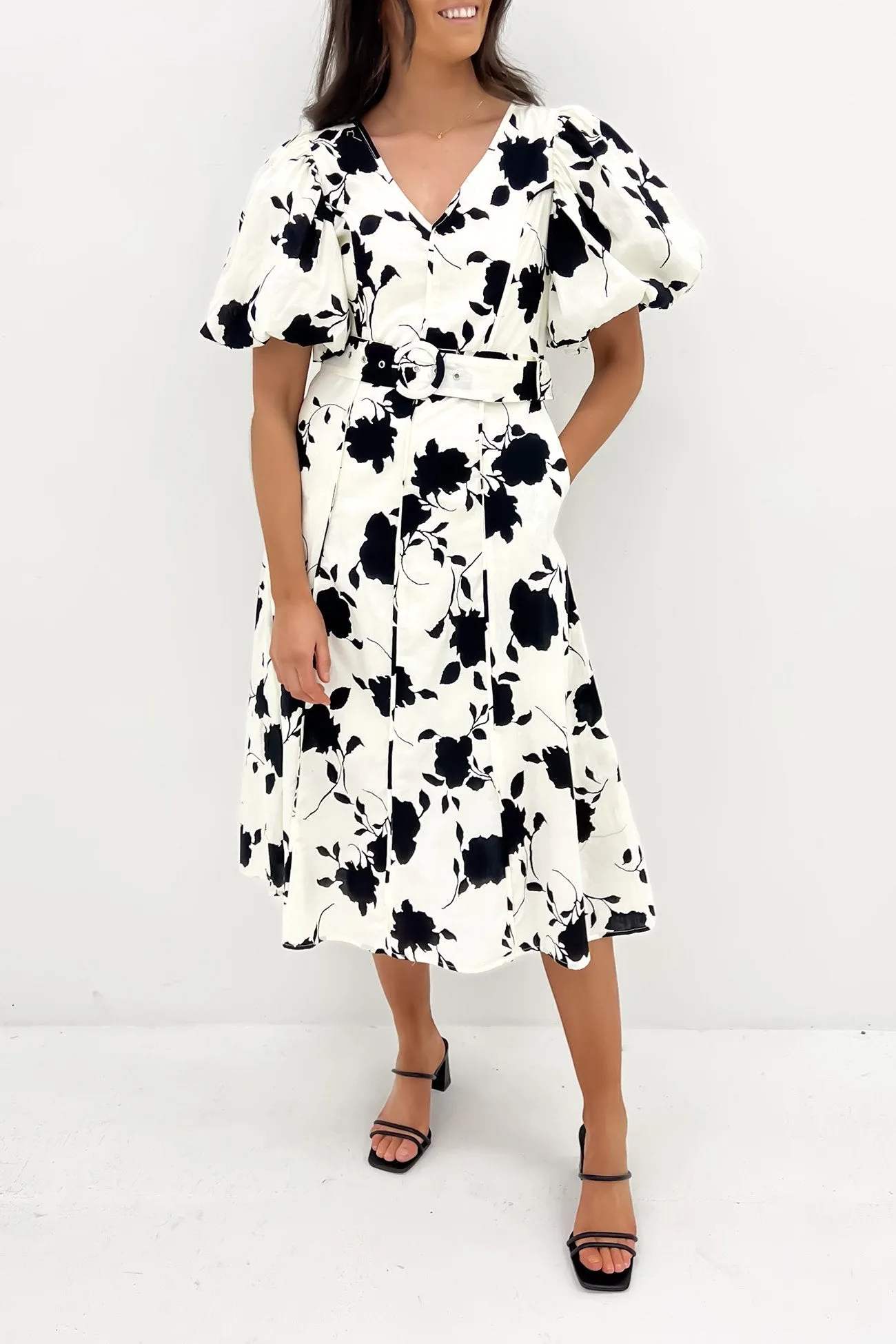 Gypsi Midi Dress Cream Black Flowy Cut Clean Texture