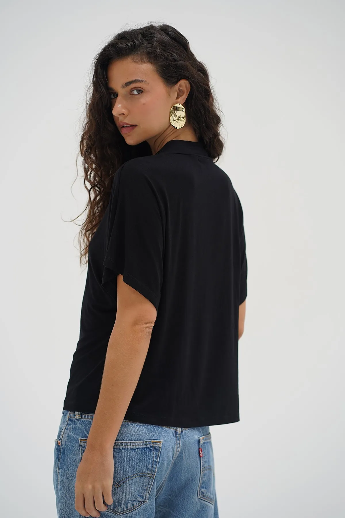 Charlee Mock Neck Tee - Black Pocket Detailing Beaded details
