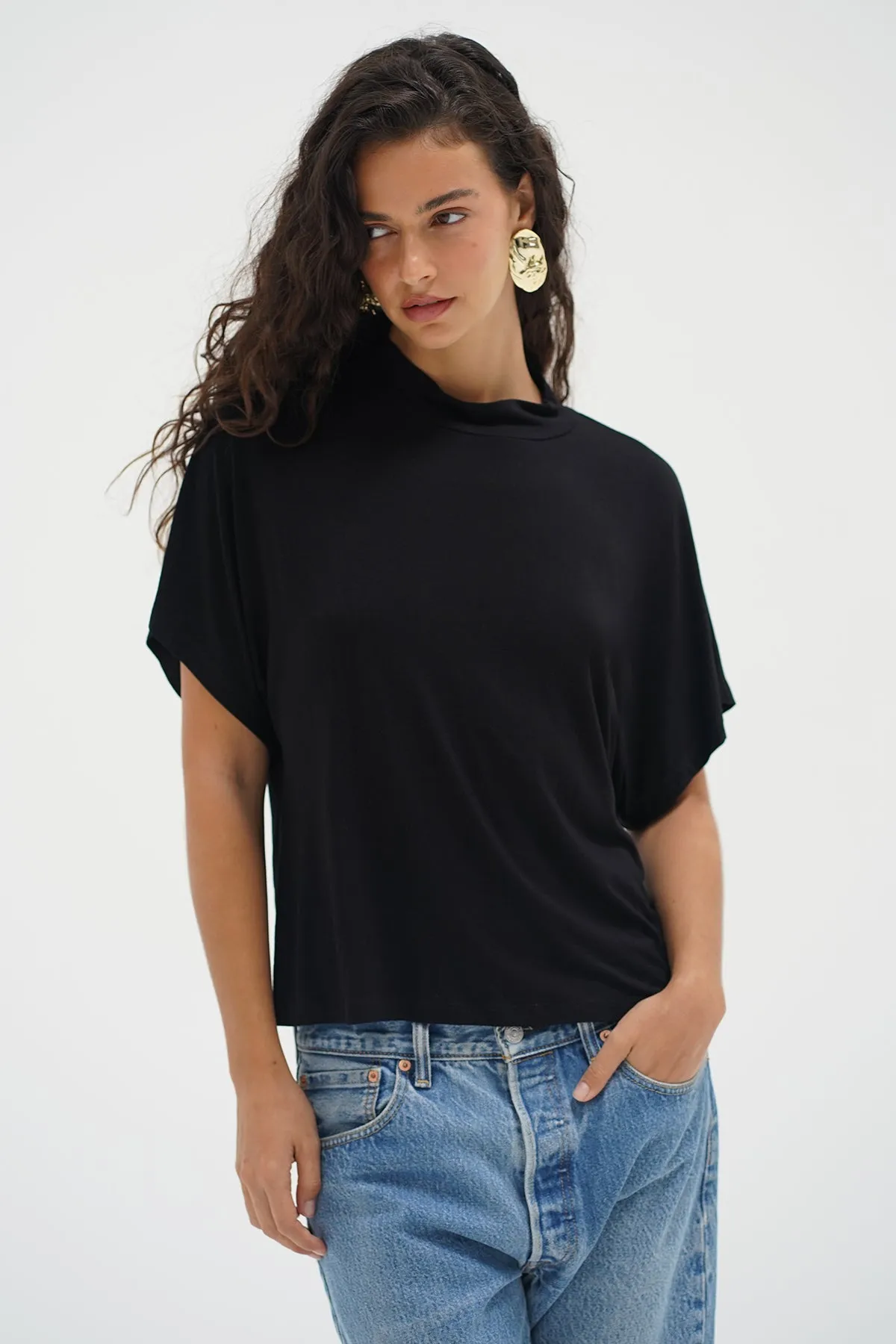 StretchFabric Charlee Mock Neck Tee - Black