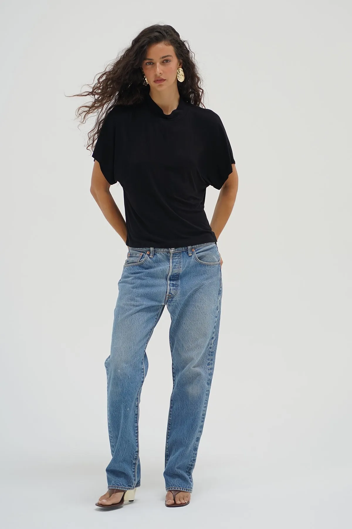 Charlee Mock Neck Tee - Black Fur combination Soft Touch