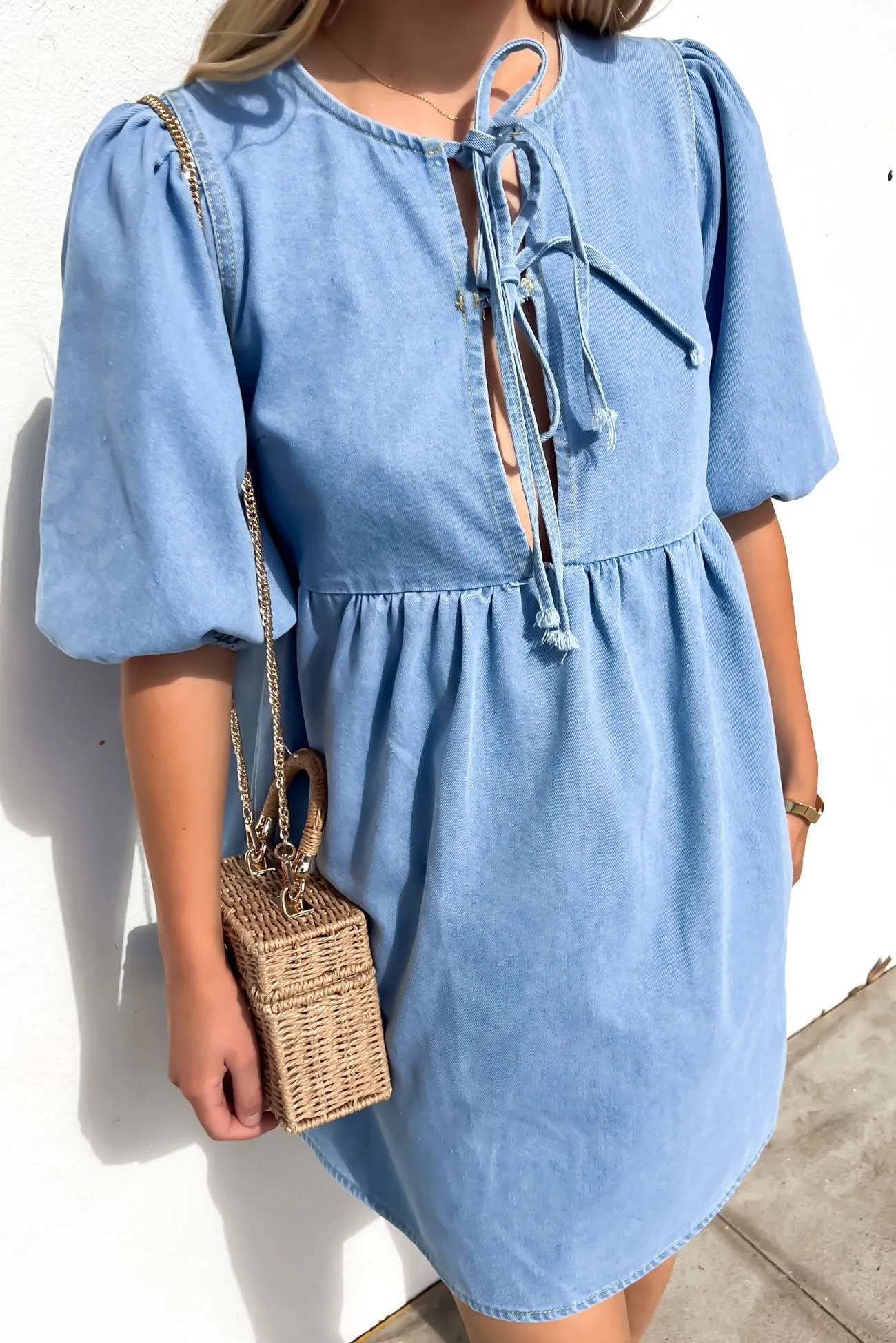 Otto Denim Mini Dress Light Blue Comfy Detail Open Design