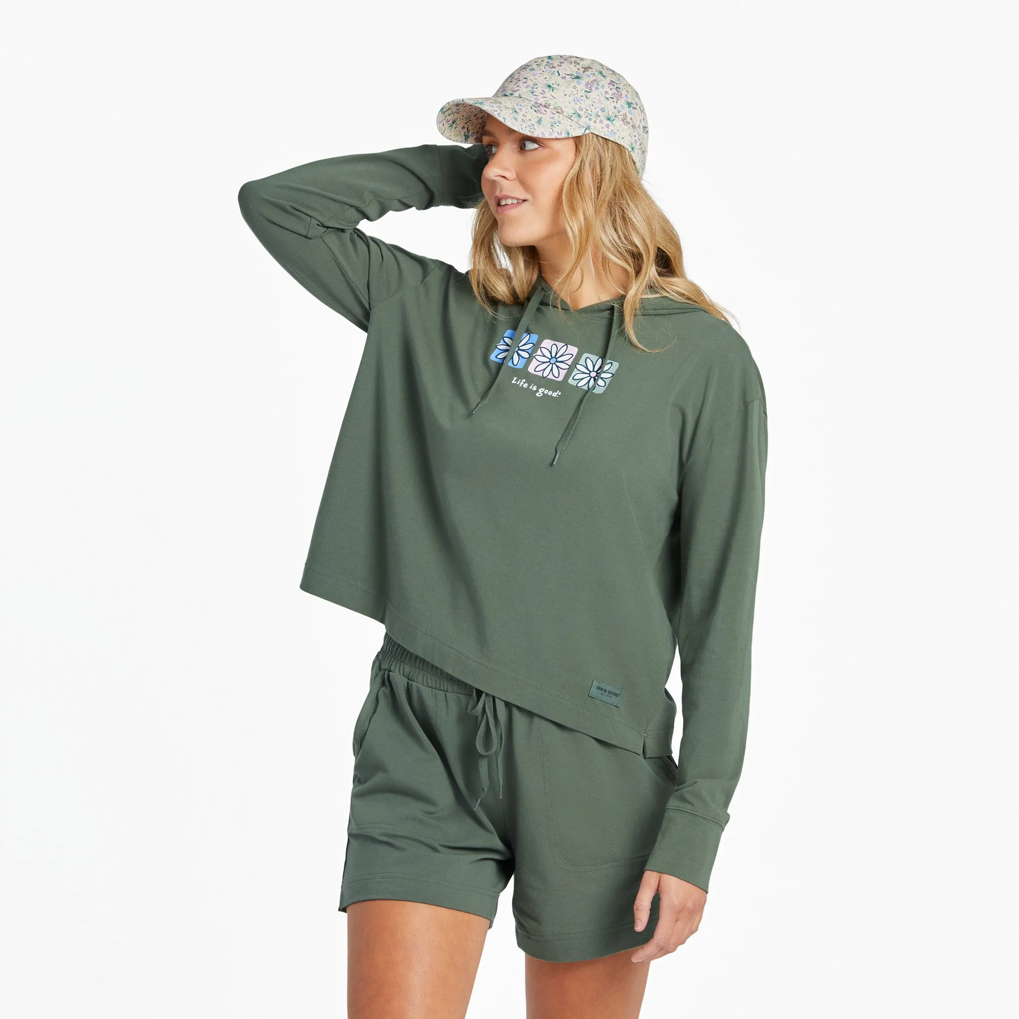 Women's Three Boxed Daisies Crusher-FLEX Boxy Hoodie Warm Hoodie