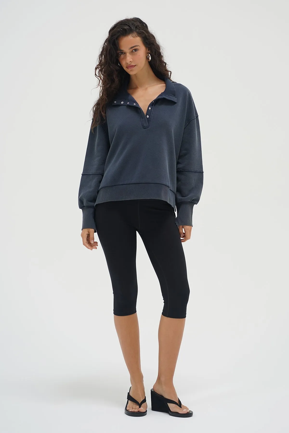 Ribbed Collar Detail FadeResistant Hallie Snap Collar Pullover - Stone Wash Navy