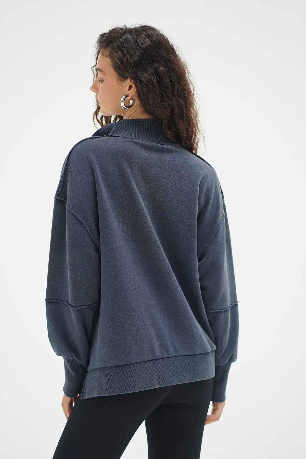 Hallie Snap Collar Pullover - Stone Wash Navy Modern Warmth Versatile Layer