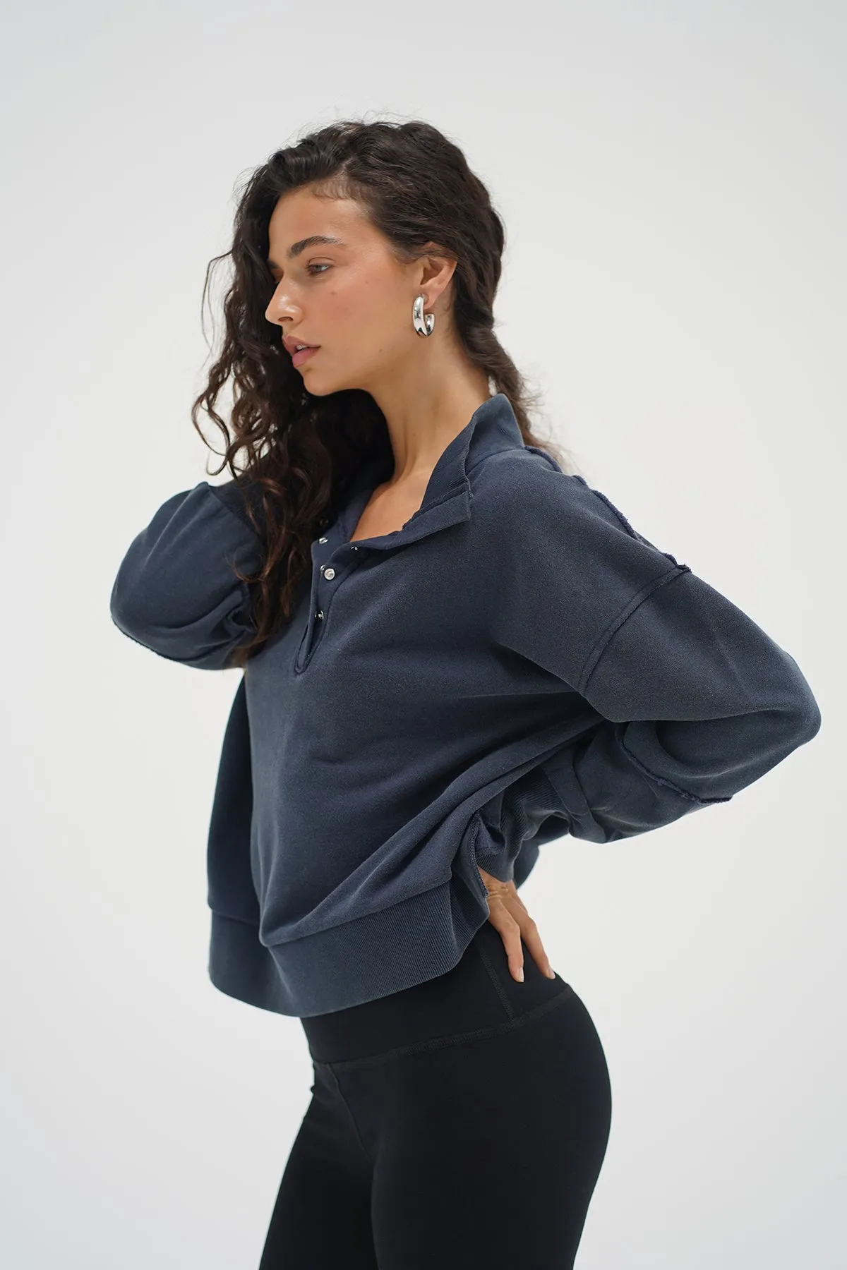 FadeResistant Hallie Snap Collar Pullover - Stone Wash Navy