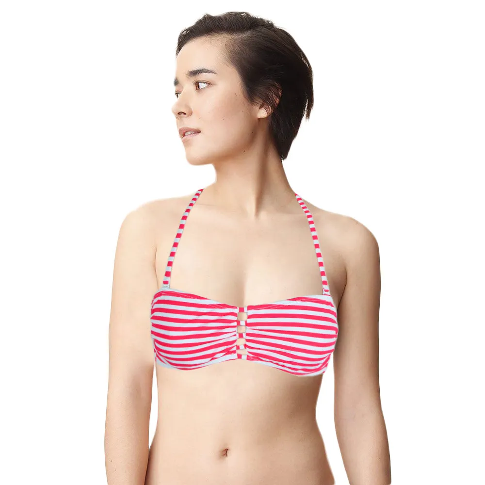 HighDensityWeave Women's Non-Padded Striped Bikini Top,White/Pink