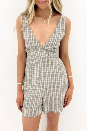 Claire Plaid Romper Dark Khaki Crystal Soul Thick Glow