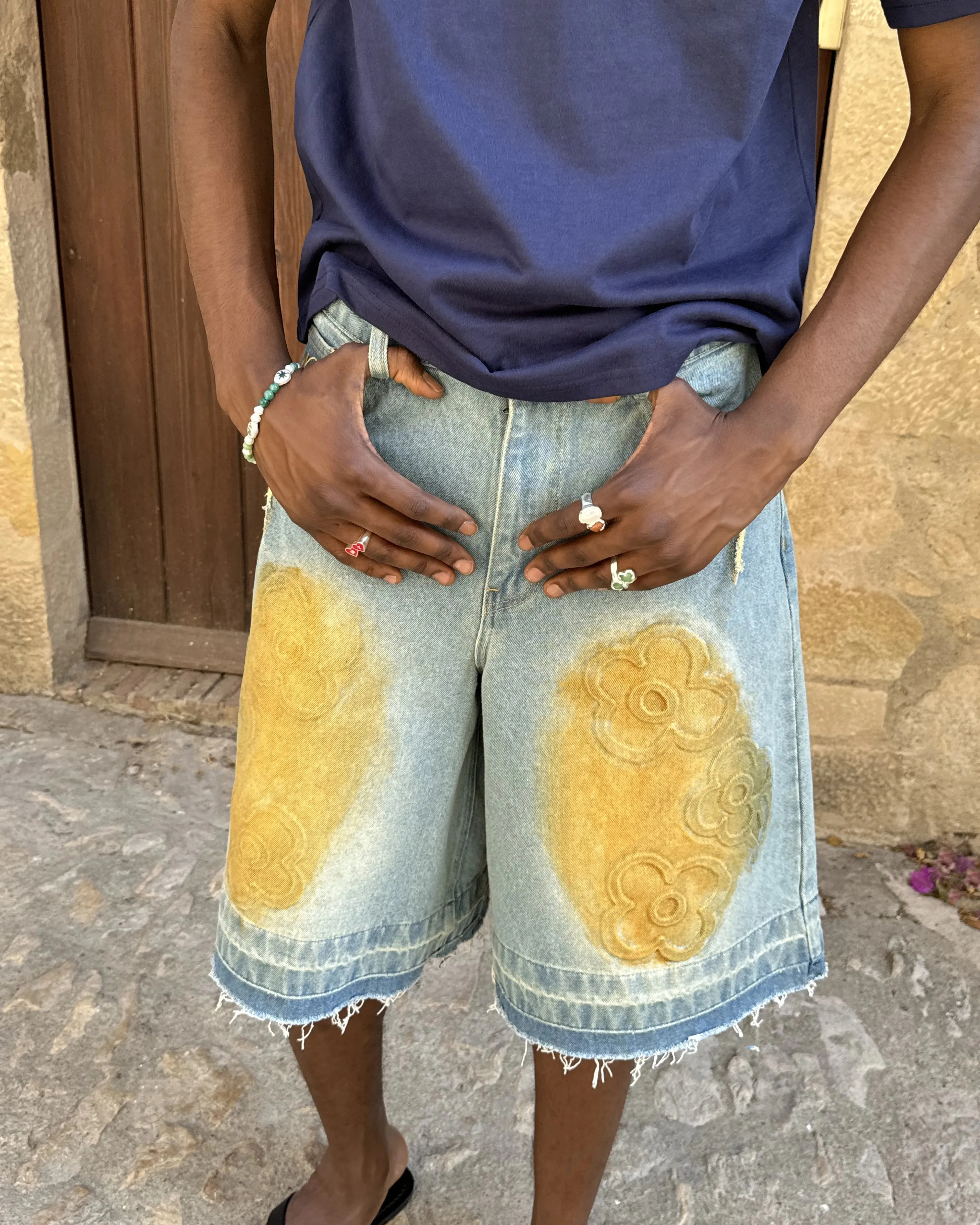 neon colors Old Baggy Denim Shorts Flower