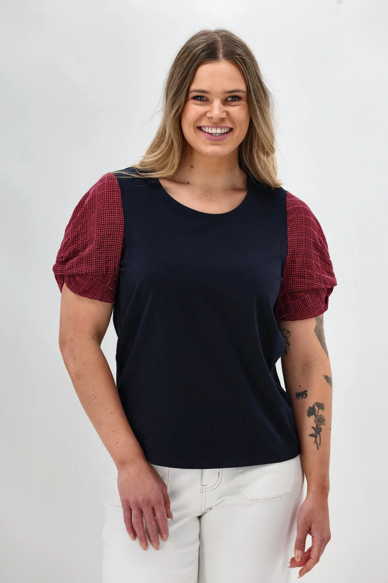 Shine On Label Garan Spliced Knit Tee with Woven Check Sleeve Navy Pink Eco Friendly Dye Office Wear