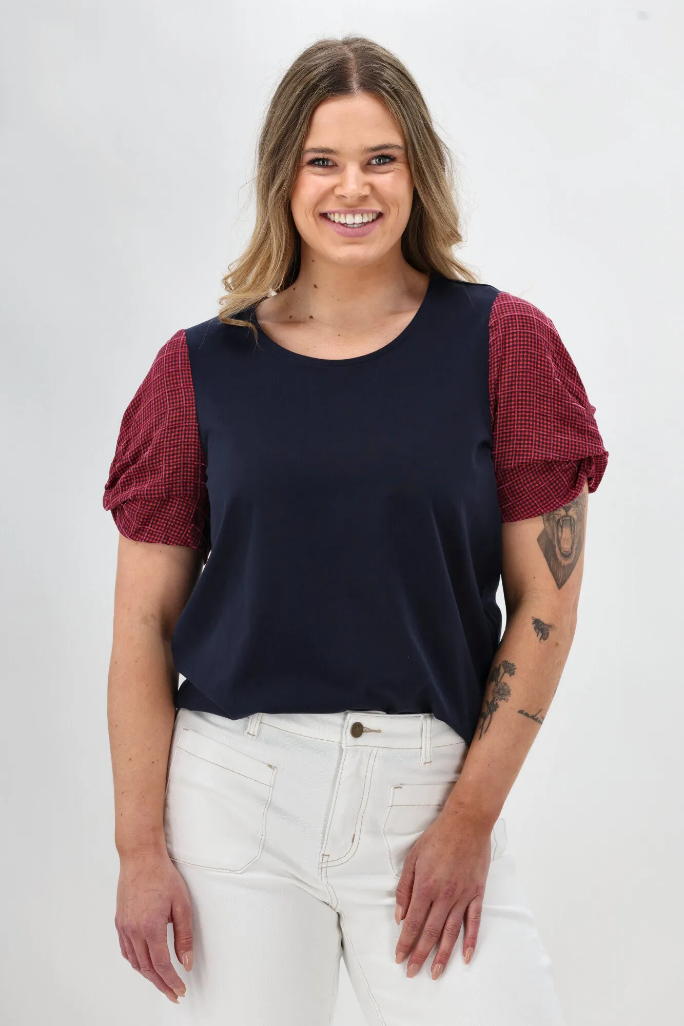 Shine On Label Garan Spliced Knit Tee with Woven Check Sleeve Navy Pink Soft Material Chic Outfit