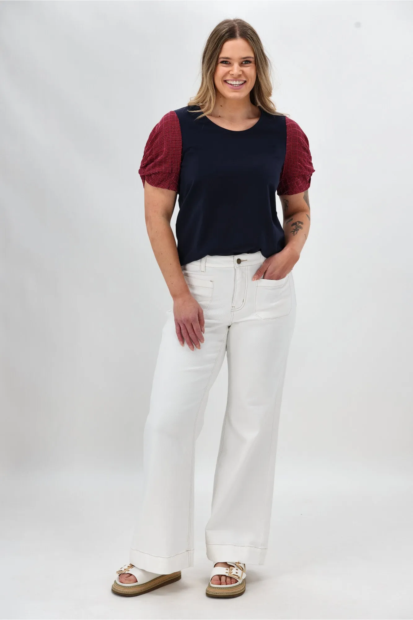 Comfortable and Chic Shine On Label Garan Spliced Knit Tee with Woven Check Sleeve Navy Pink