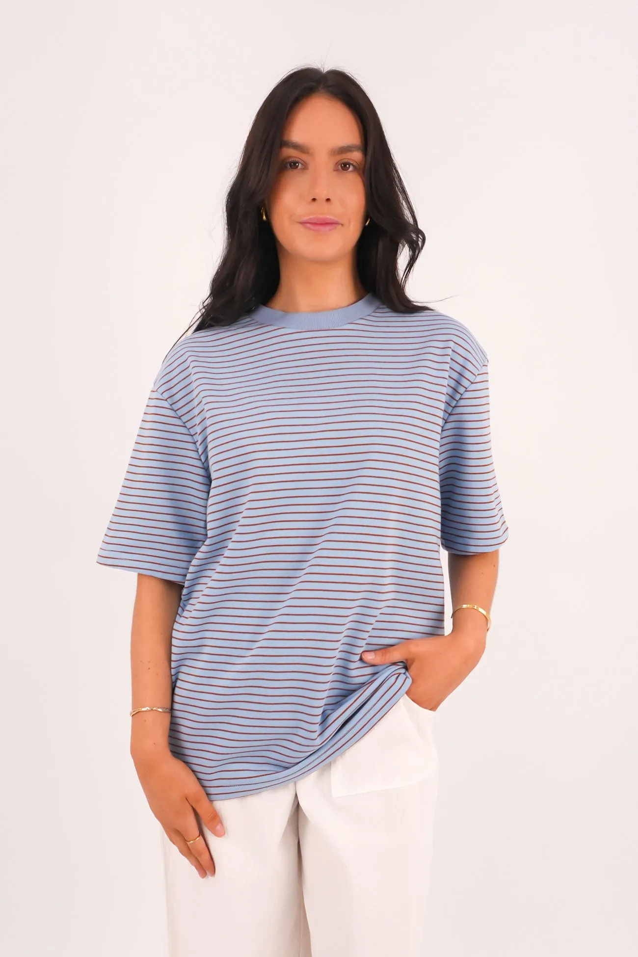Stretch Jersey Knit Non Irritating Collar Campbell Stripe Tee Blue