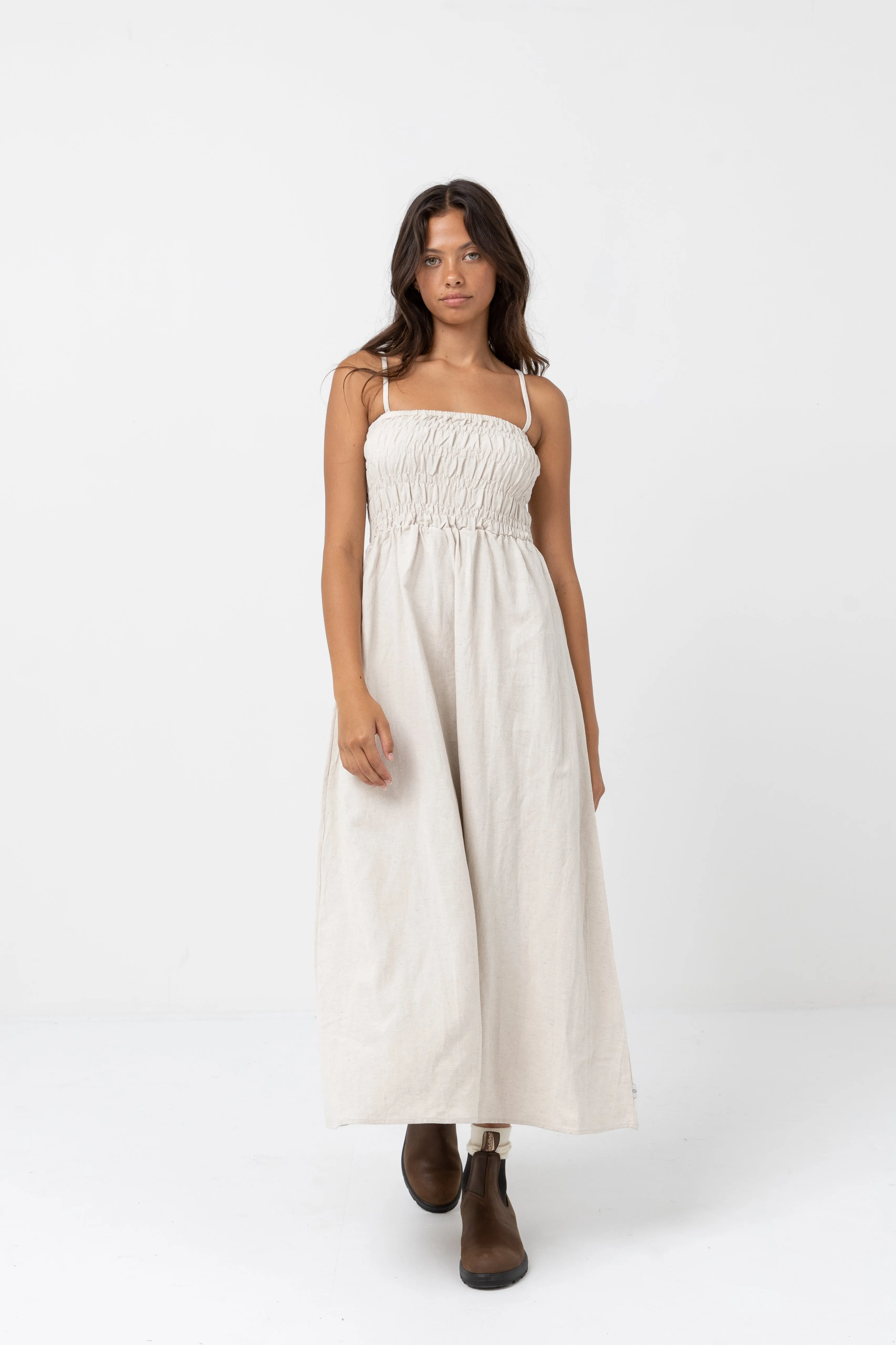 Classic Shirred Midi Dress Oat Shade Soft