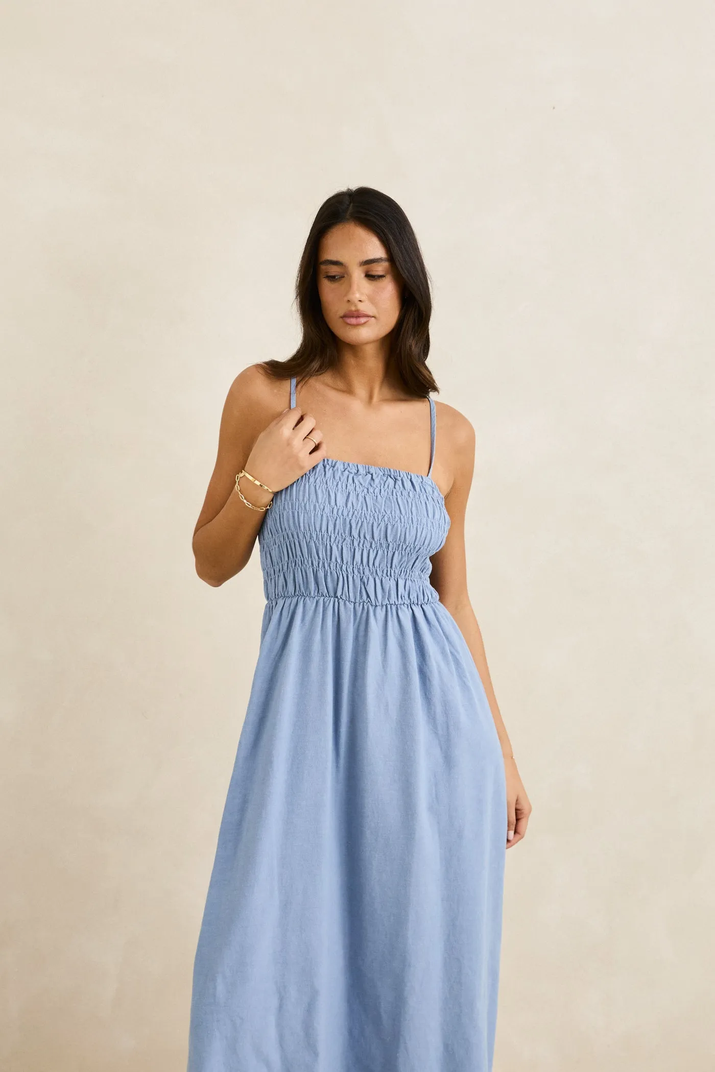 Mood Casual Classic Shirred Midi Dress Steel Blue