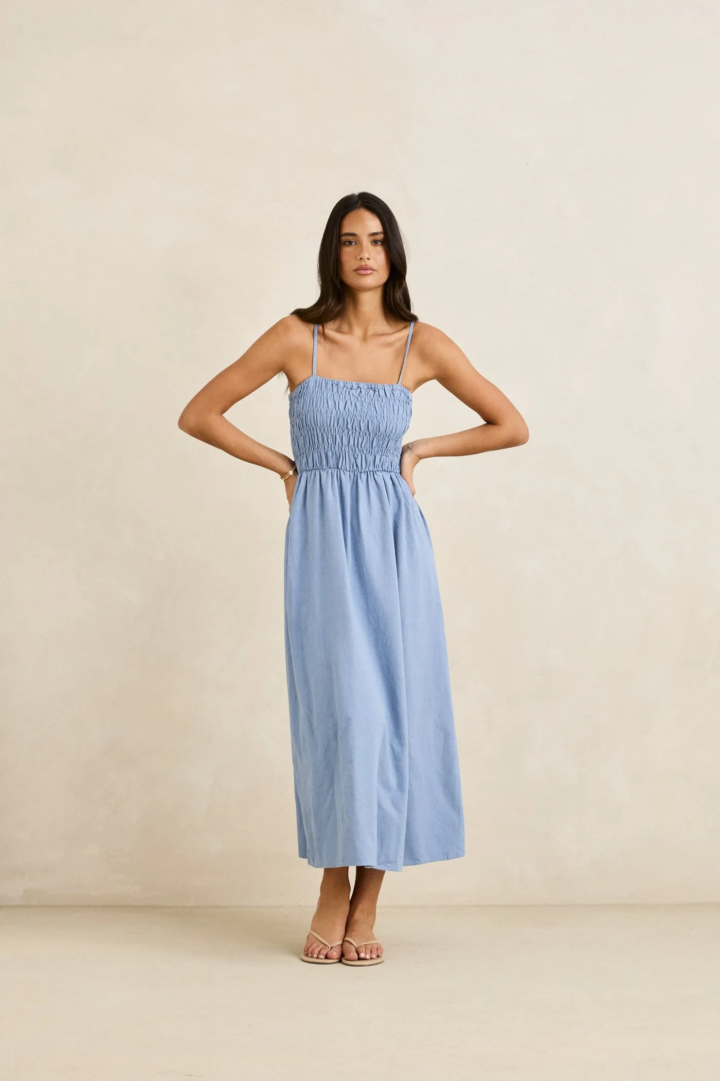 Classic Shirred Midi Dress Steel Blue Sophisticated Layers Bright-Hue