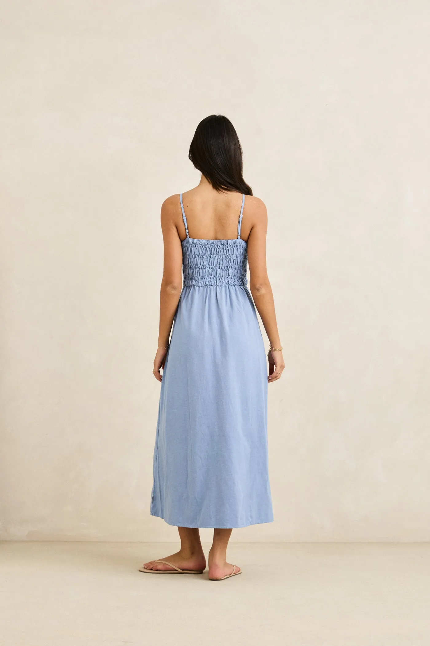 Classic Shirred Midi Dress Steel Blue Relax Appeal