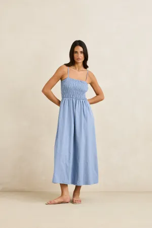Boxy-Style Fluid movement Classic Shirred Midi Dress Steel Blue