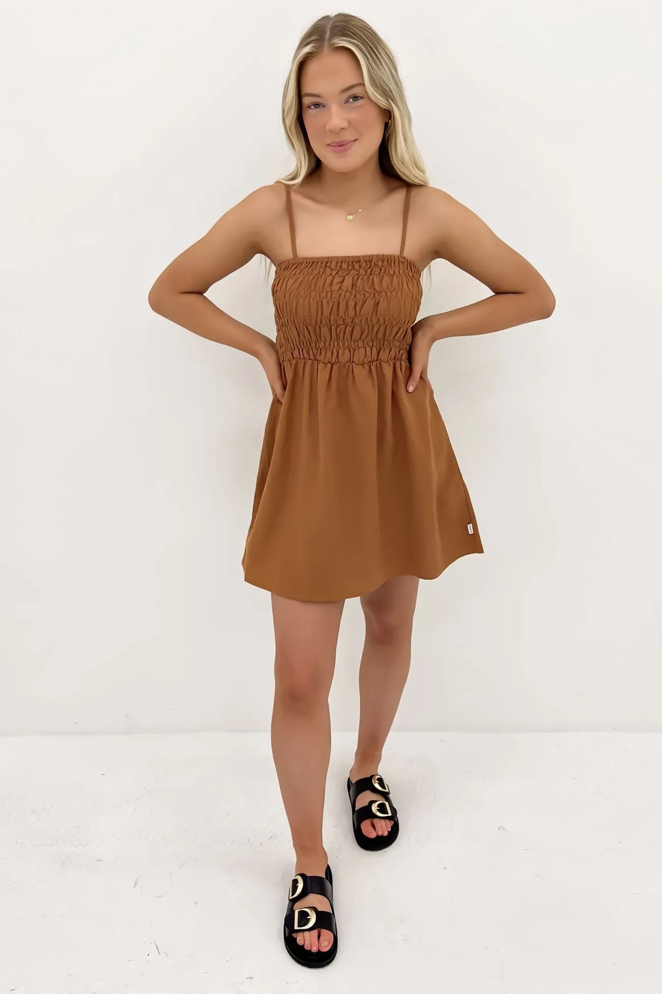 Classic Shirred Mini Dress Caramel Light Cloud