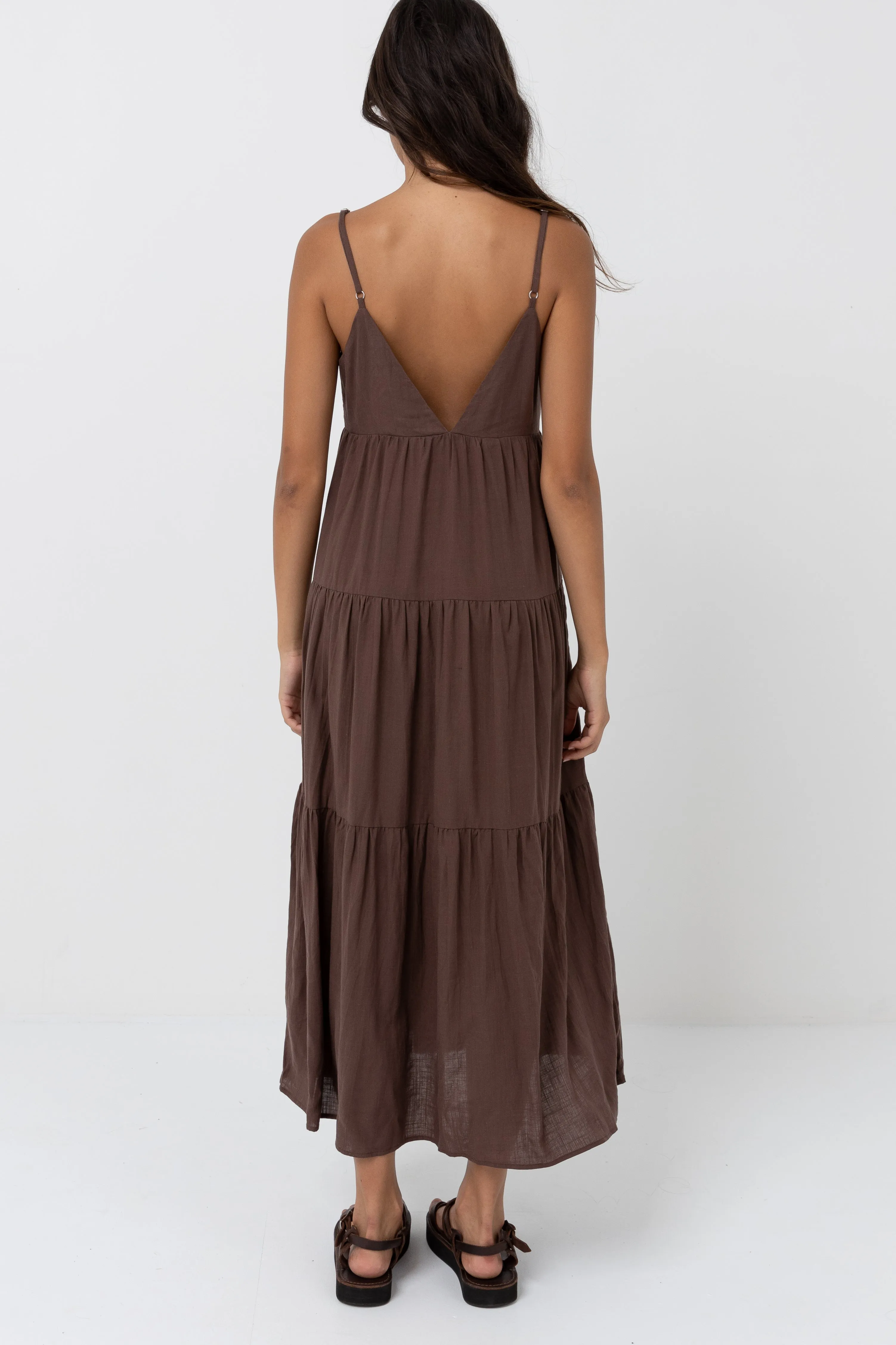 Ruffle Hem Classic Tiered Midi Dress Chocolate