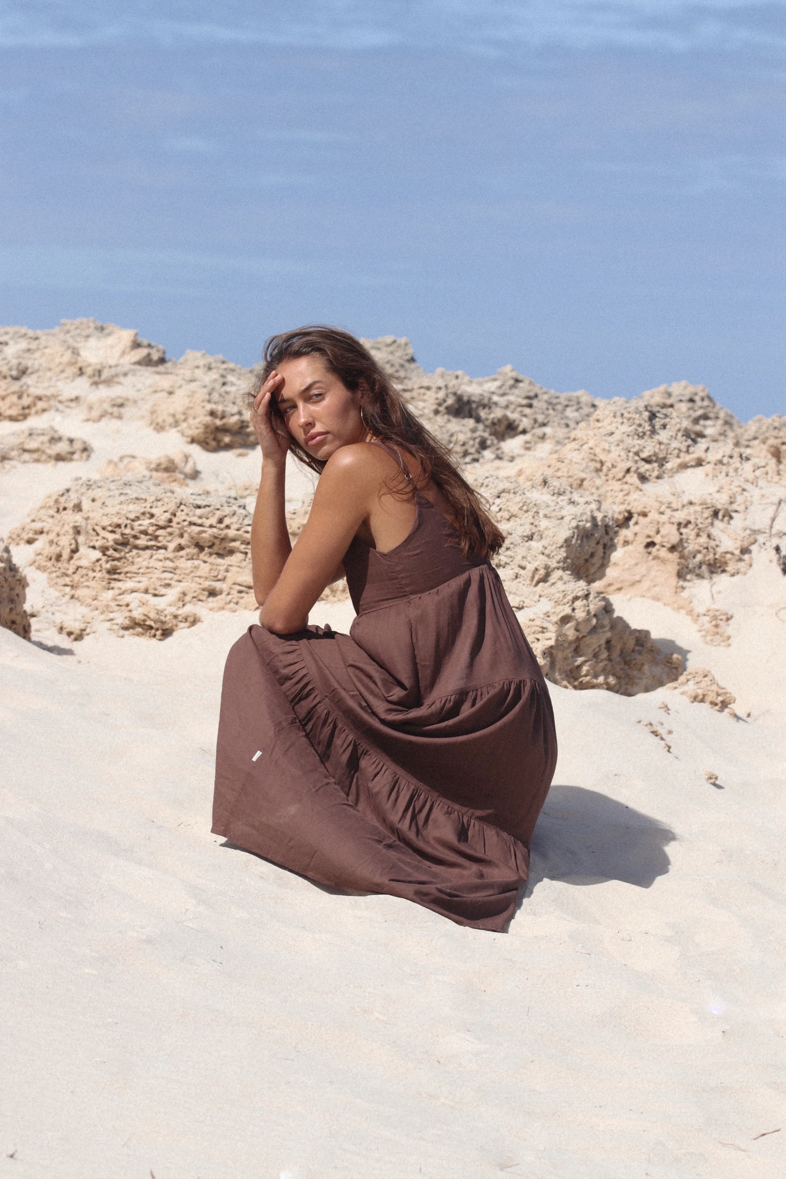 Classic Tiered Midi Dress Chocolate Work Ready