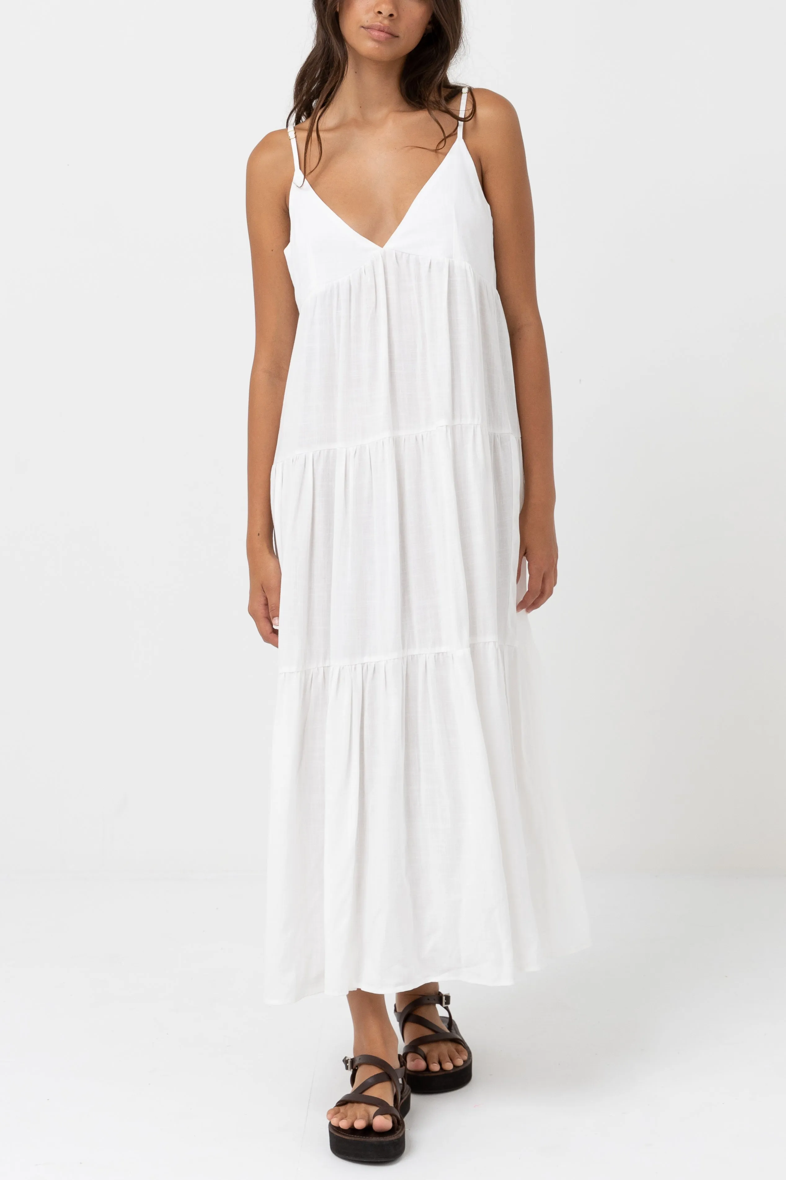 Classic Tiered Midi Dress White Minimalist fit-and-flare