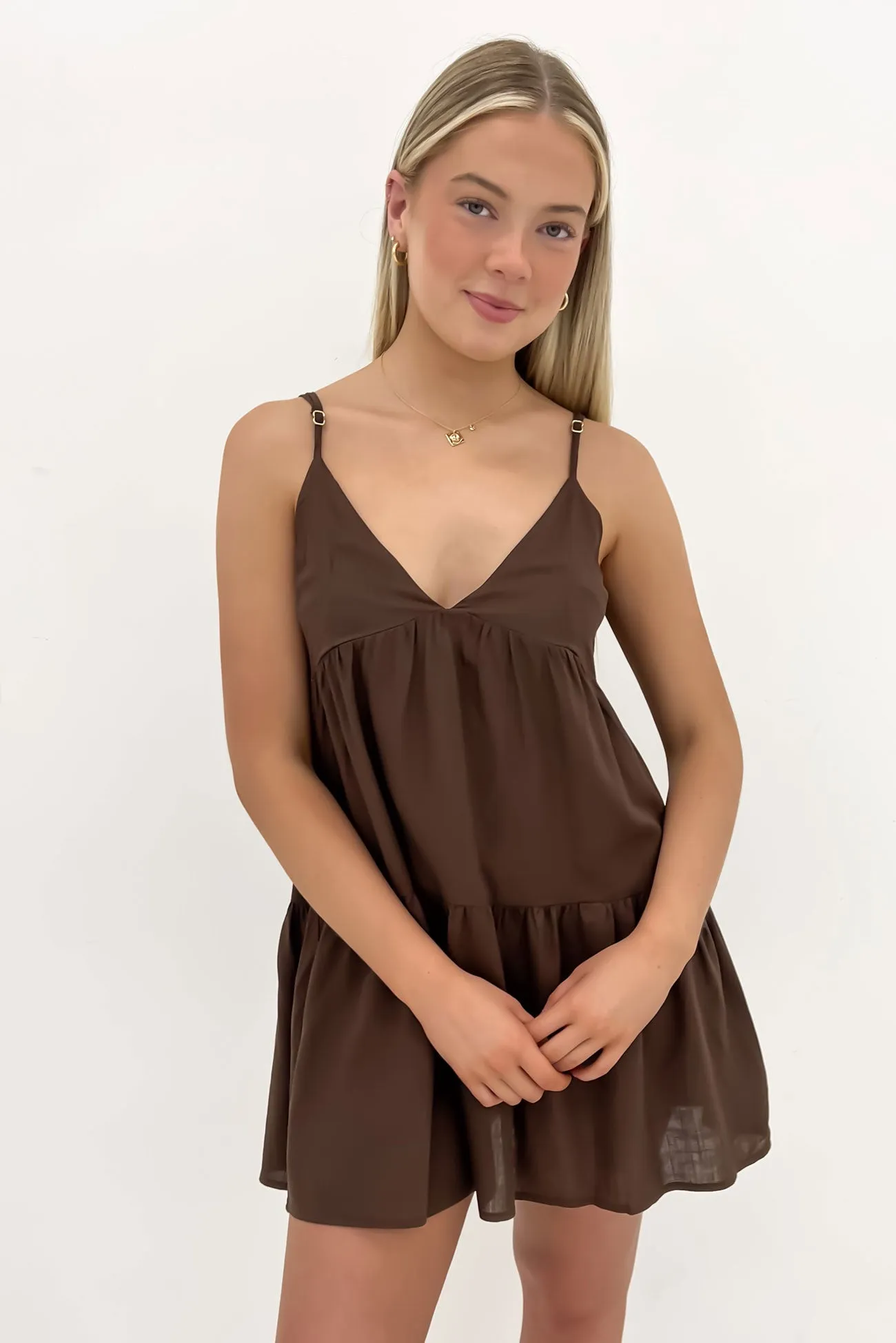 Classic Tiered Mini Dress Chocolate Love Blend Poised Vibe