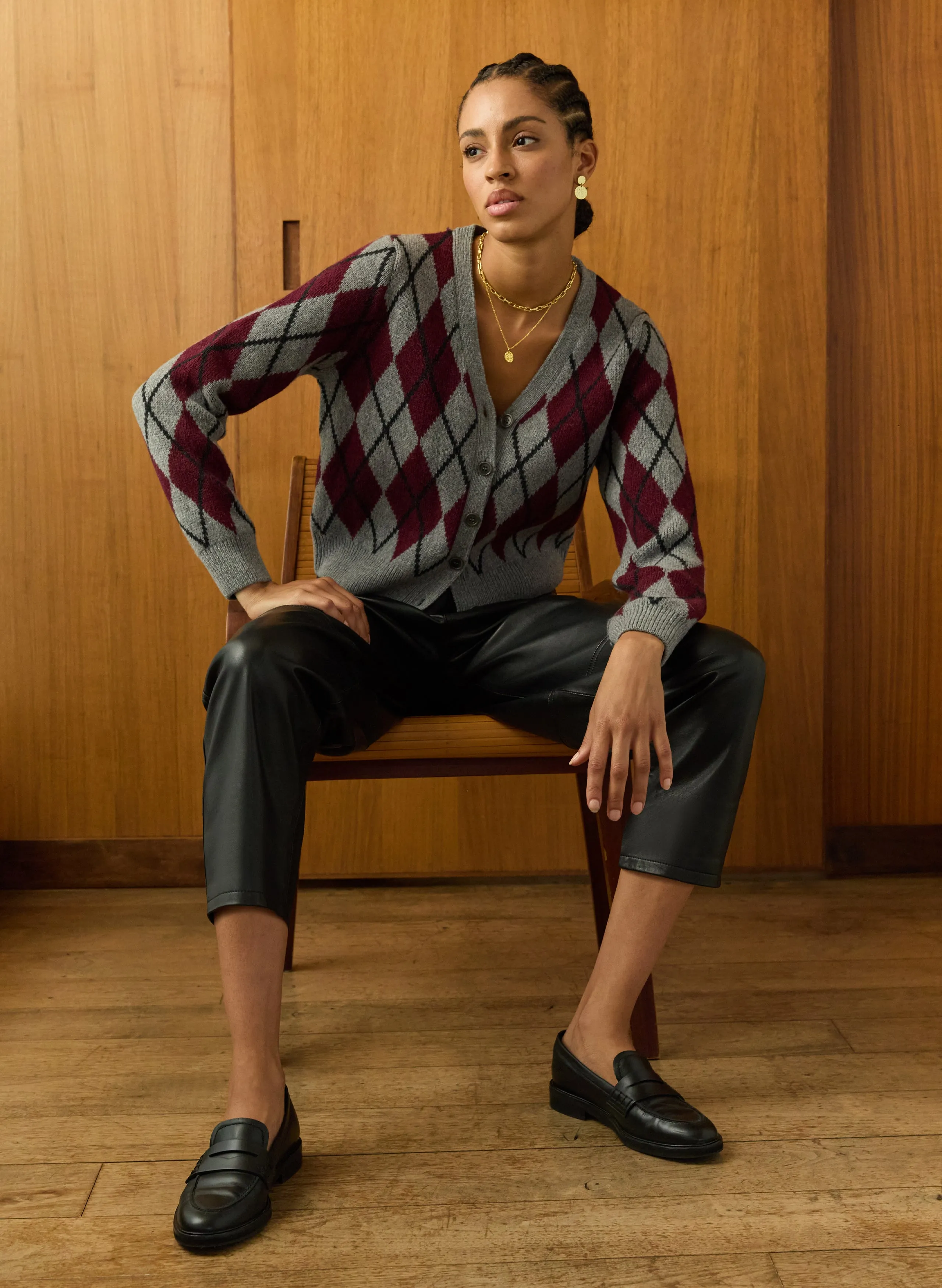 Soft Piece Layered HeatTrap Stitching Clemence?Wool Blend Argyle Cardigan