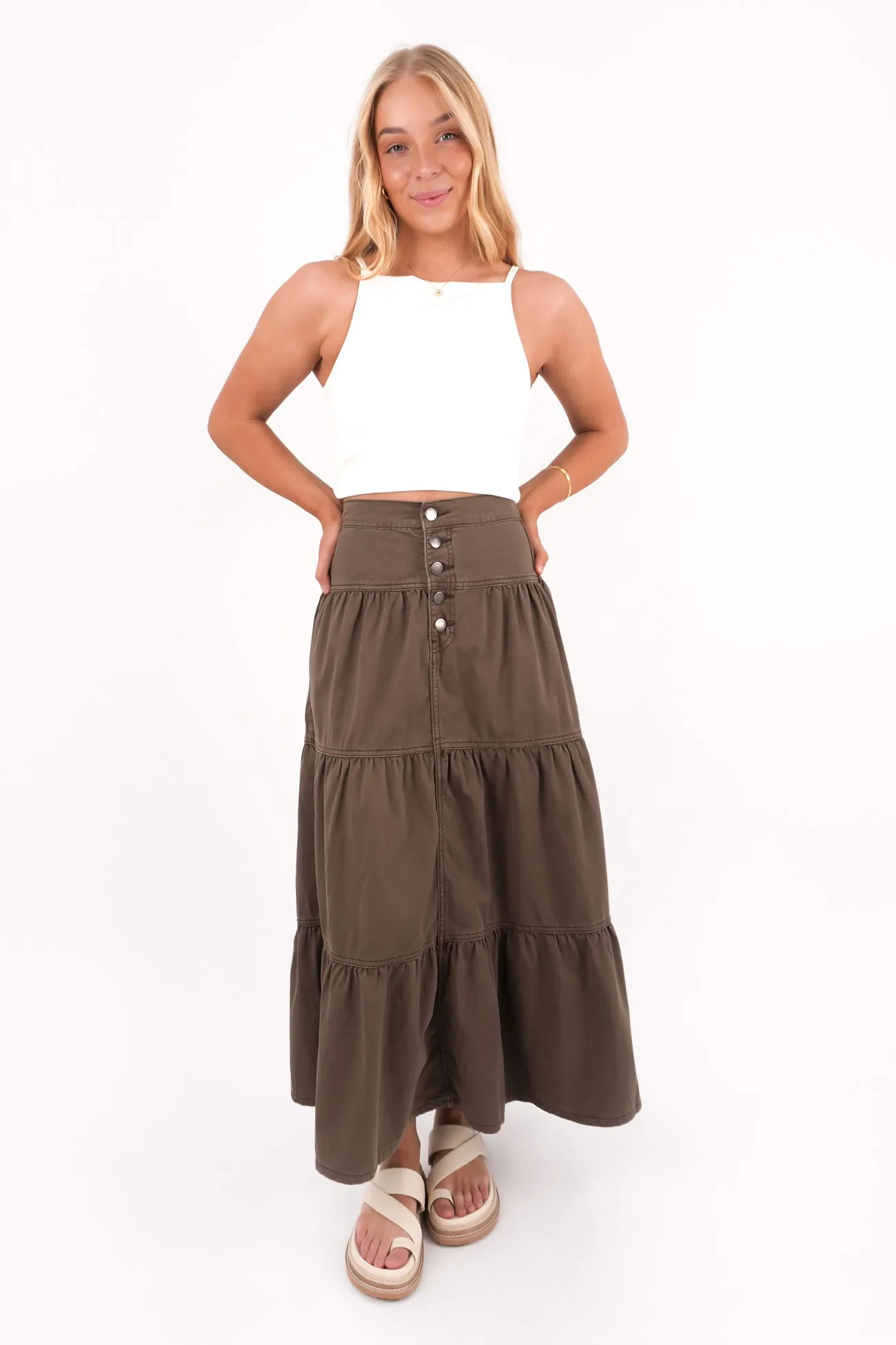 Coco Denim Maxi Skirt Cocoa Aesthetic Fit