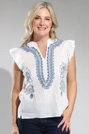 AdjustableWaist Casual Fashion Summer ready 100% Cotton Top | WHITE/INDIGO | 4661A1