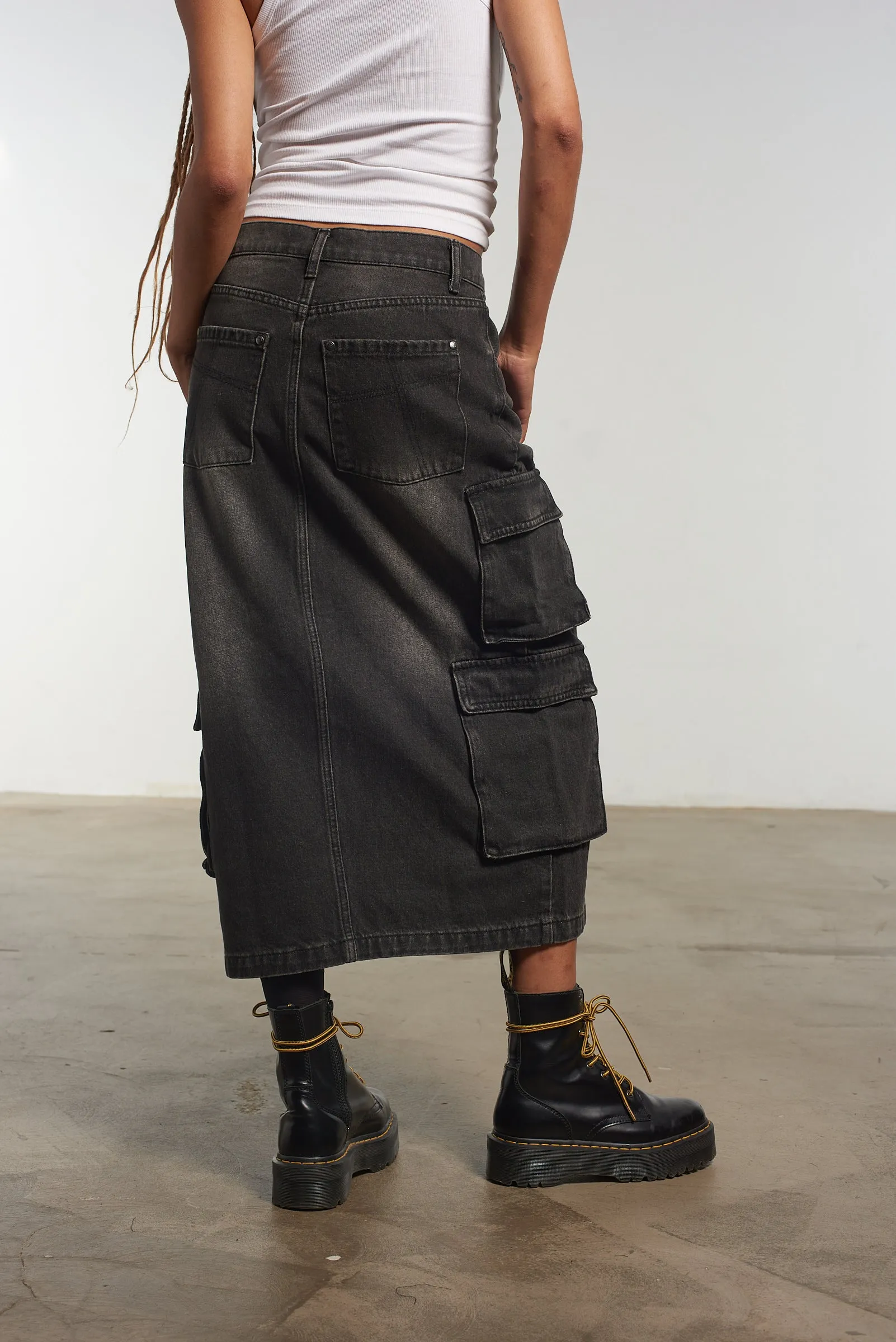 Combat Midi Skirt Black Glossy Texture Ventilated Slits