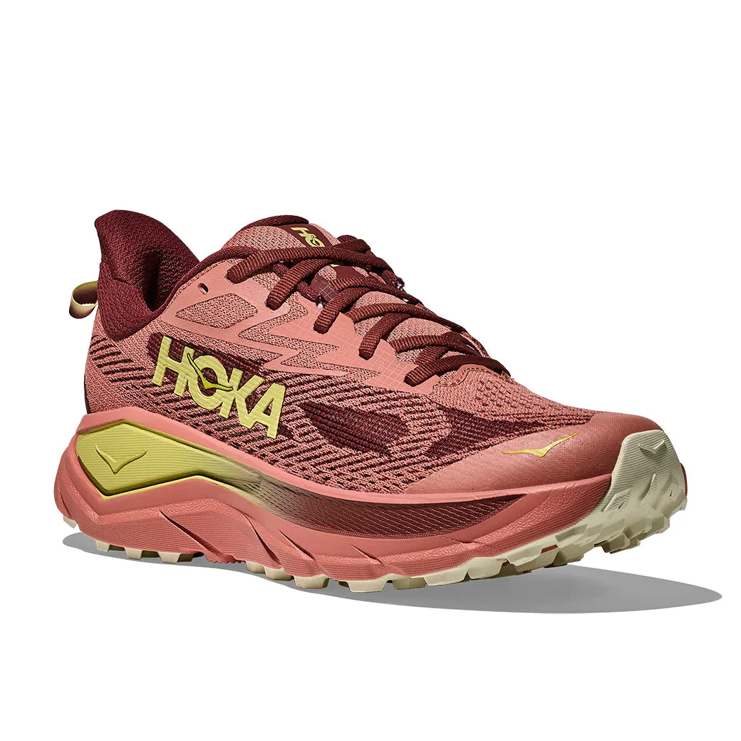 flexible synthetic shoes Abrasion Resistant Mesh Womens Hoka Challenger 8 Wide in Blush/ Dark Cedar