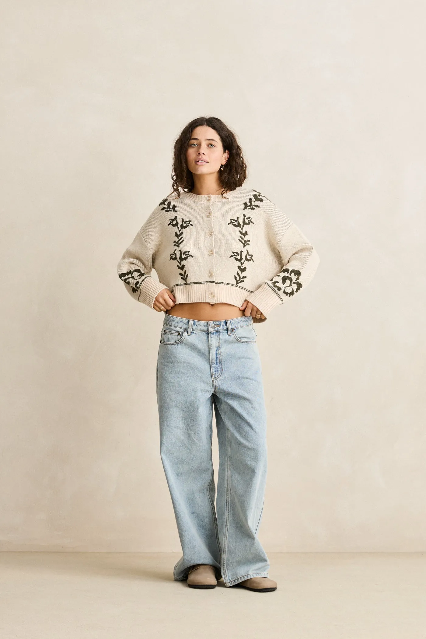 Antique Floral Crop Cardigan Natural Wardrobe Classic