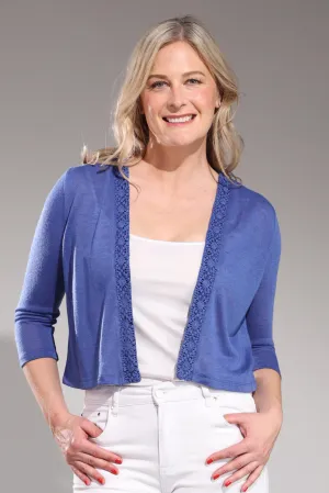 3/4 sleeve Cardigan with lace trim | MED BLUE | 7093A1 Model Edge