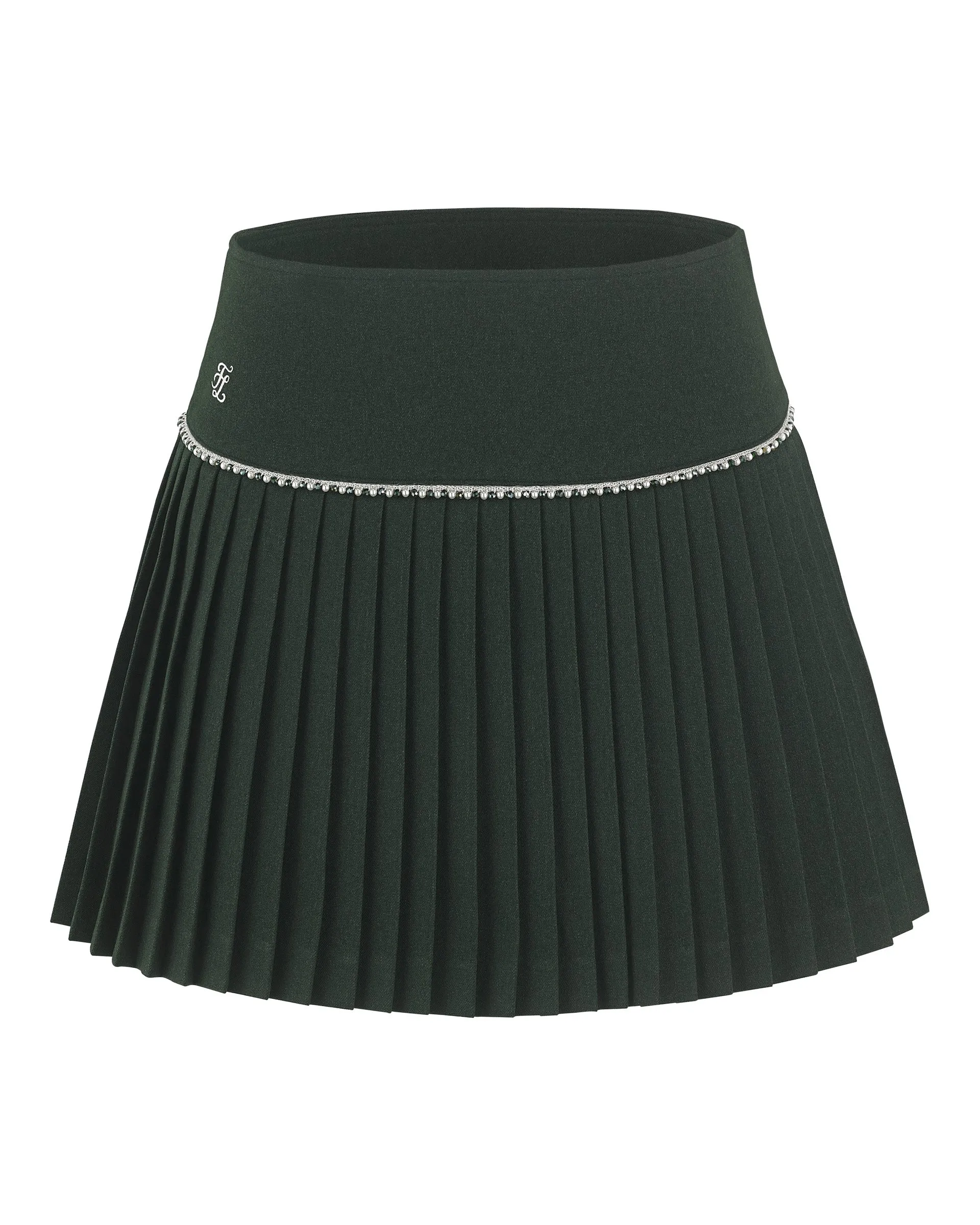 Lightweight Fabric Rolled Hem [FL Signature] Pearl & Bead Flare Pleated Skirt - Dark Green