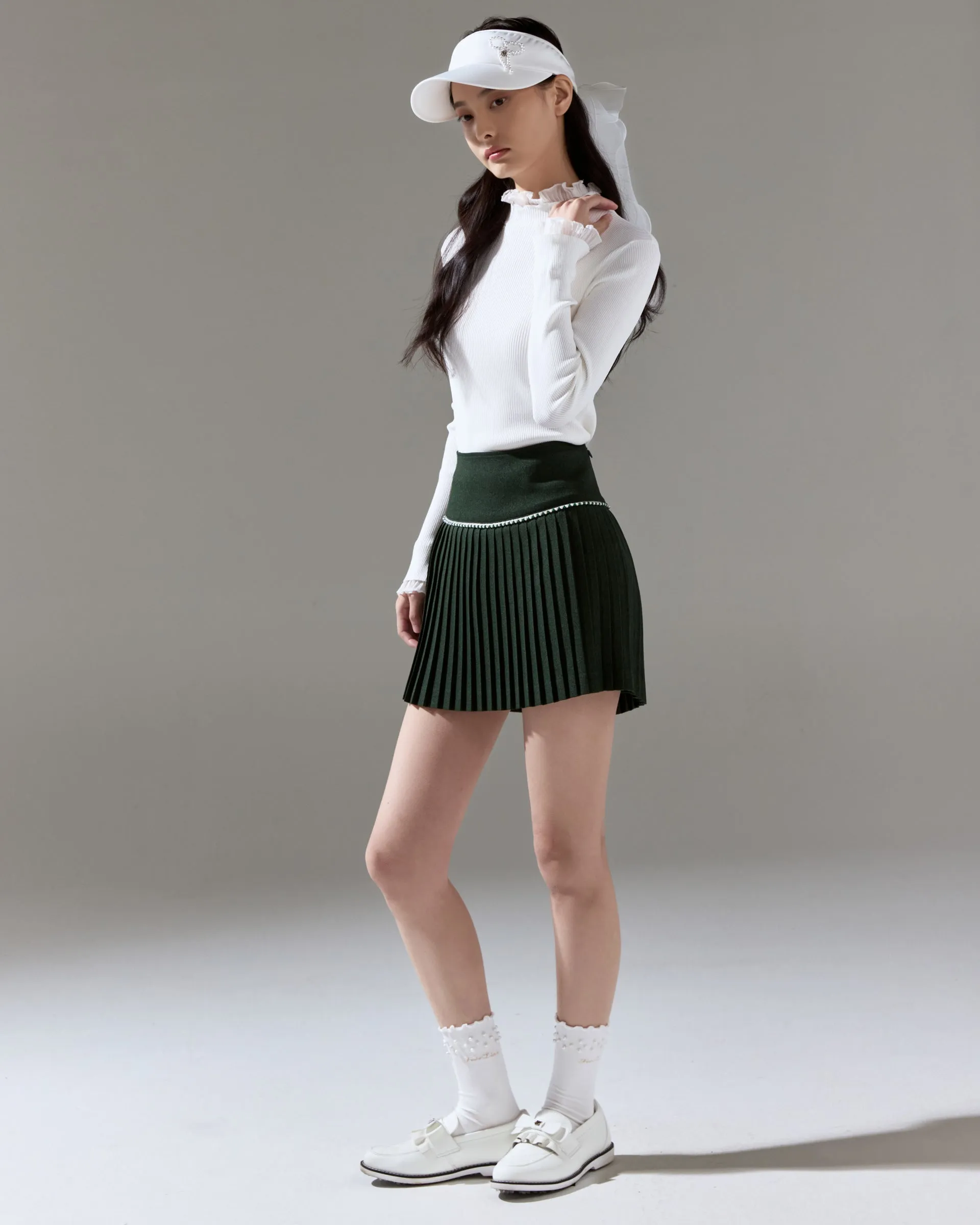 [FL Signature] Pearl & Bead Flare Pleated Skirt - Dark Green Ethically Made