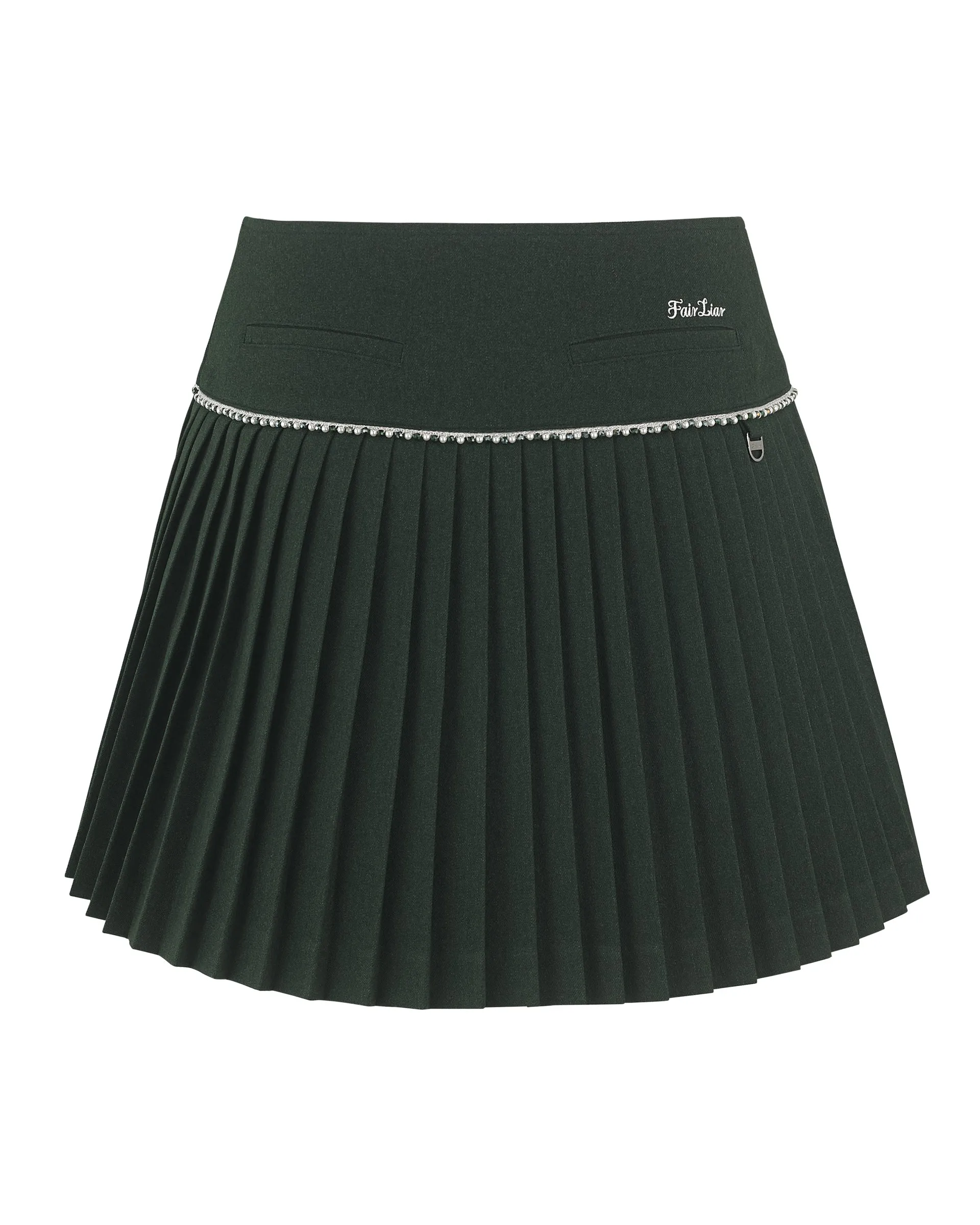 Day To Night Classic Fit [FL Signature] Pearl & Bead Flare Pleated Skirt - Dark Green