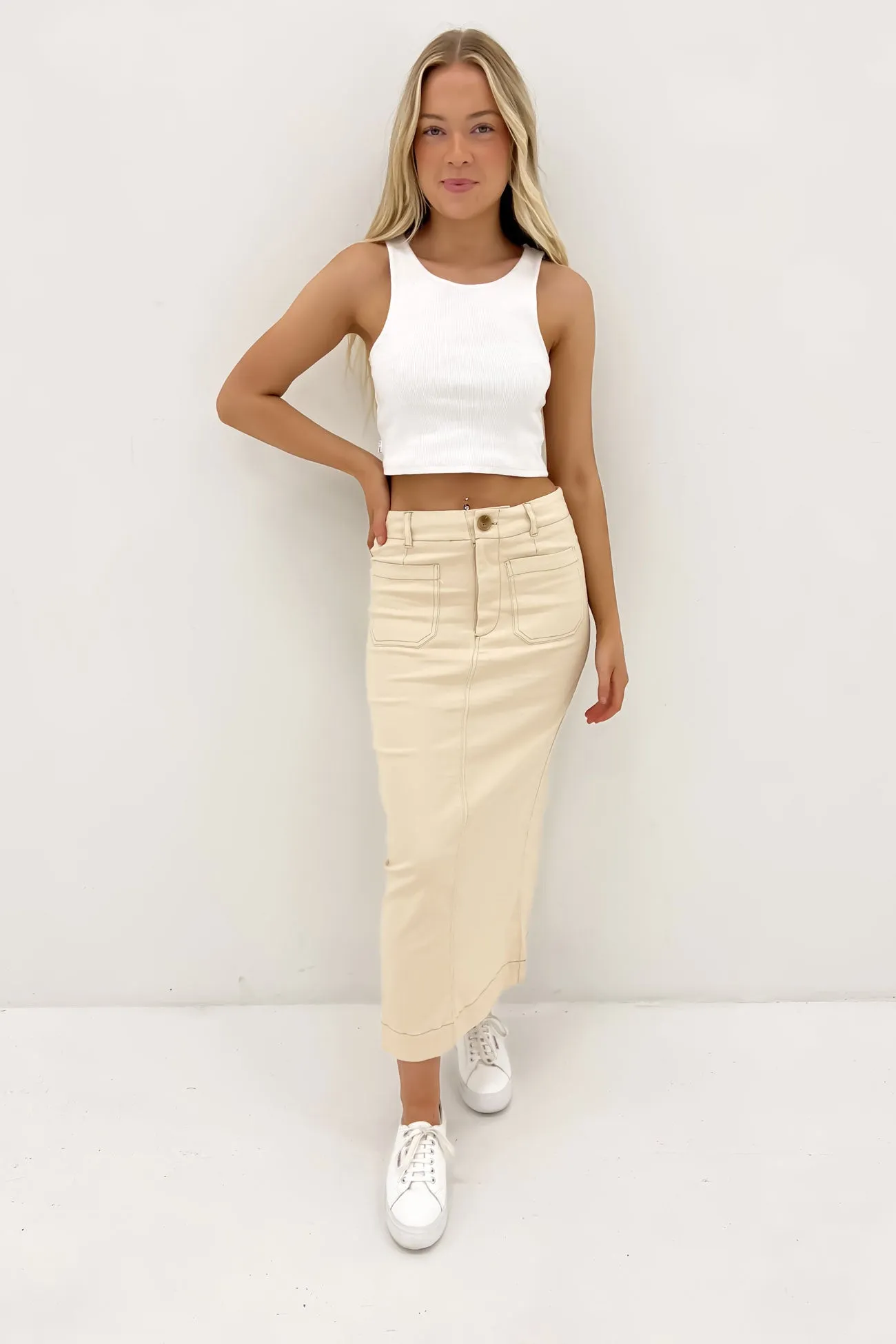 Clean Cut flared silhouette Lindsey Midi Skirt Beige