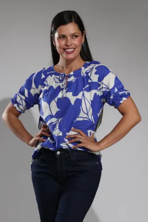 Cotton Rayon Top with puff sleeves | Lapis Ivory Leaves | 6548A1 Legend Glow HypoallergenicMaterial